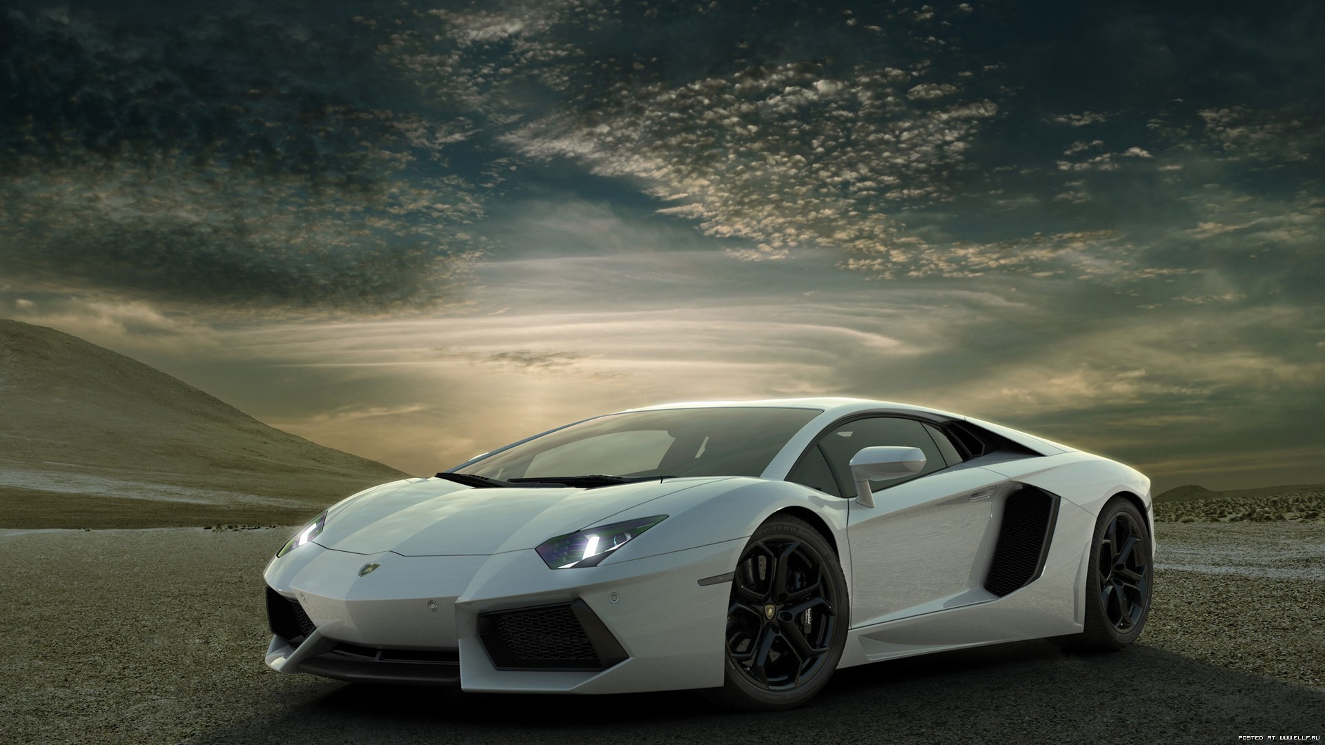 Free photo Lamborghini Aventador in white at sunset.