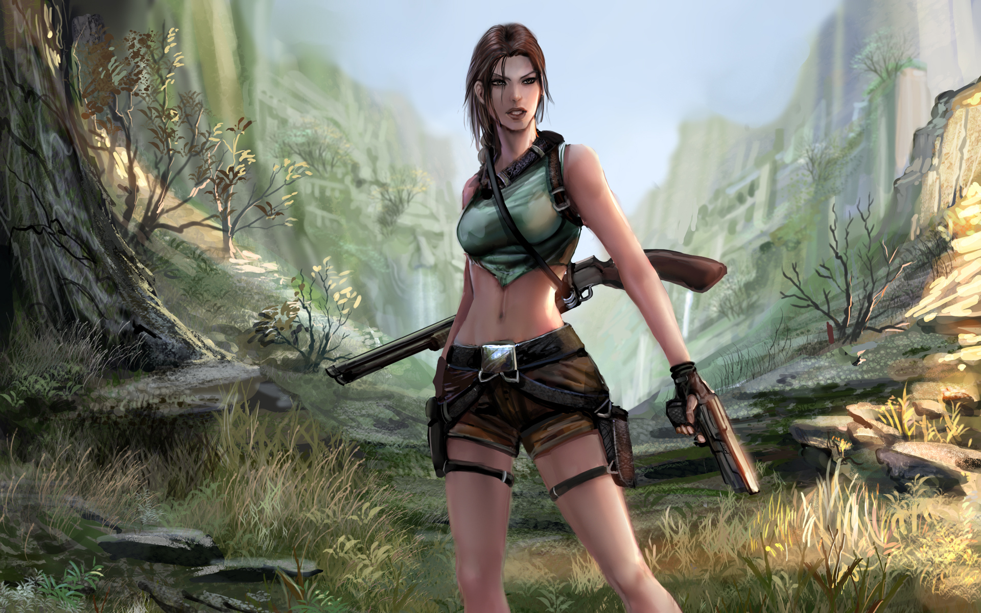 Обои tomb raider лара крофт с пистолетом дробовик на рабочий стол