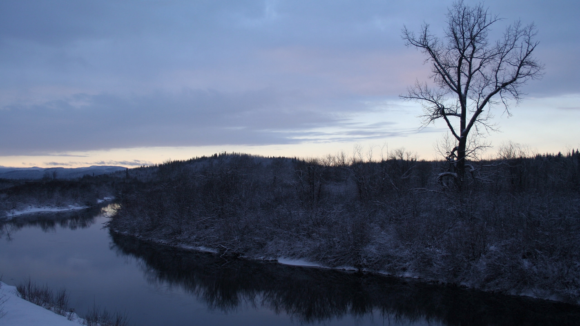 Wallpapers river snow trees on the desktop