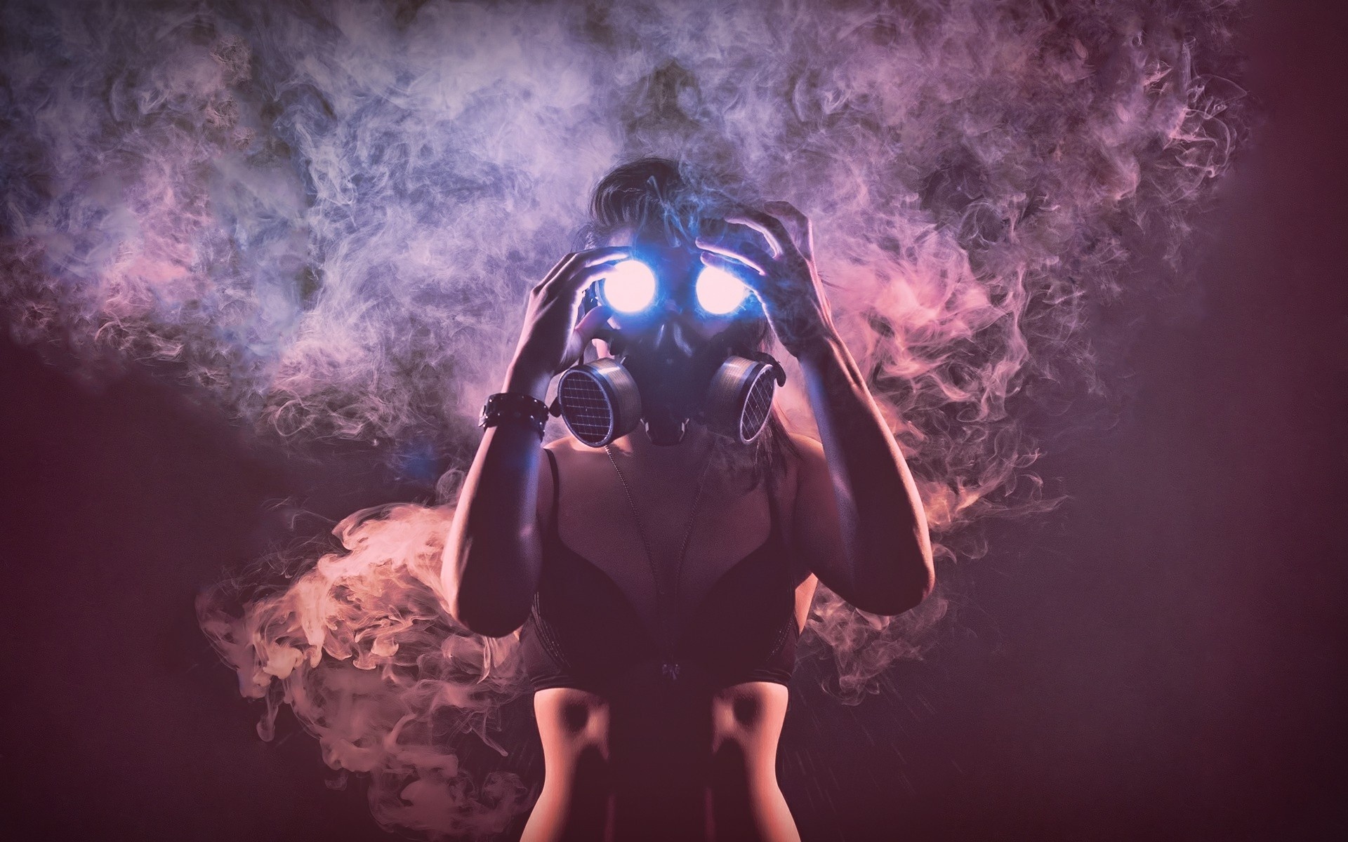 Wallpapers girl gas mask smoke on the desktop