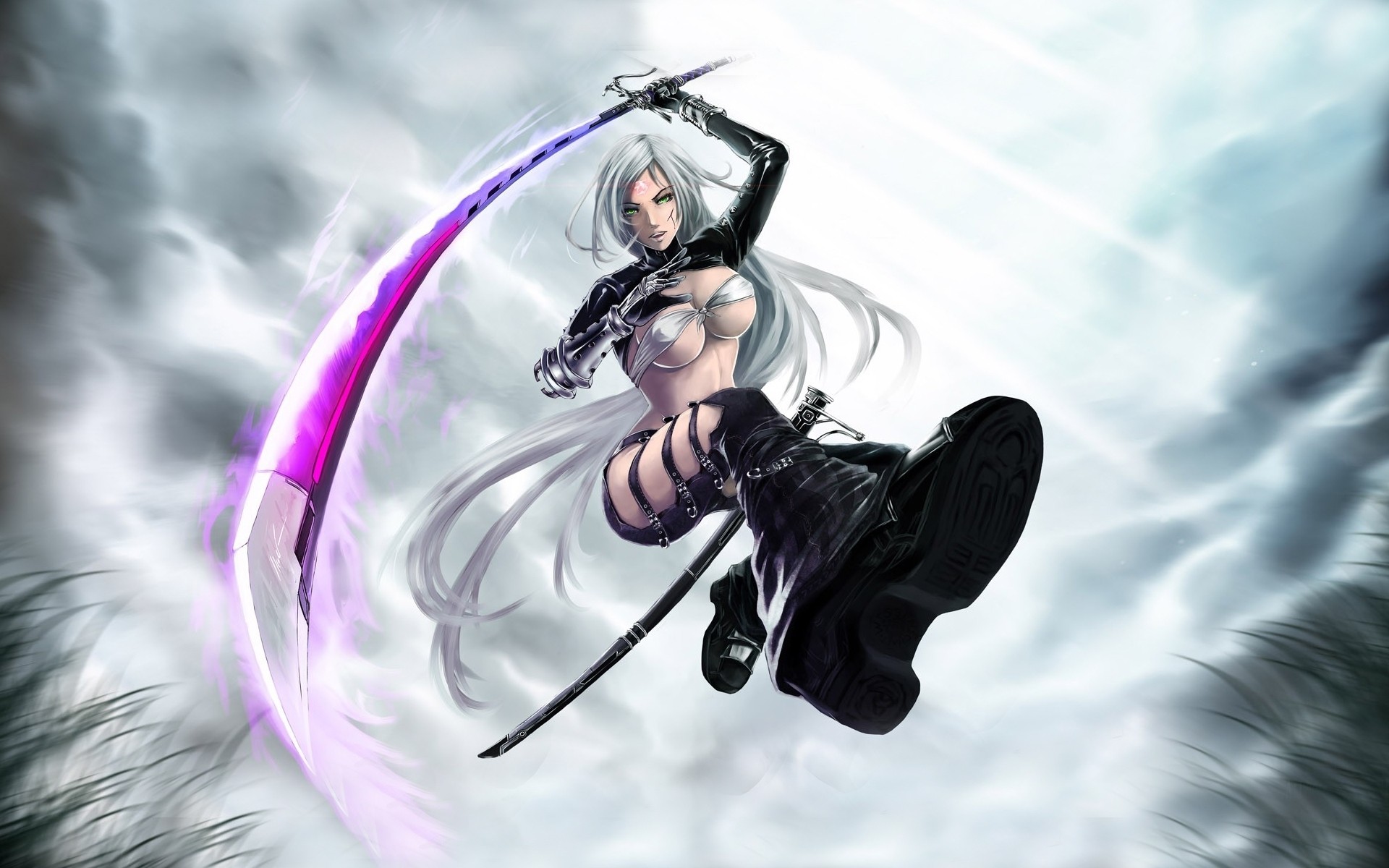 Wallpapers a girl with a katana in a jump a katana a sky on the desktop