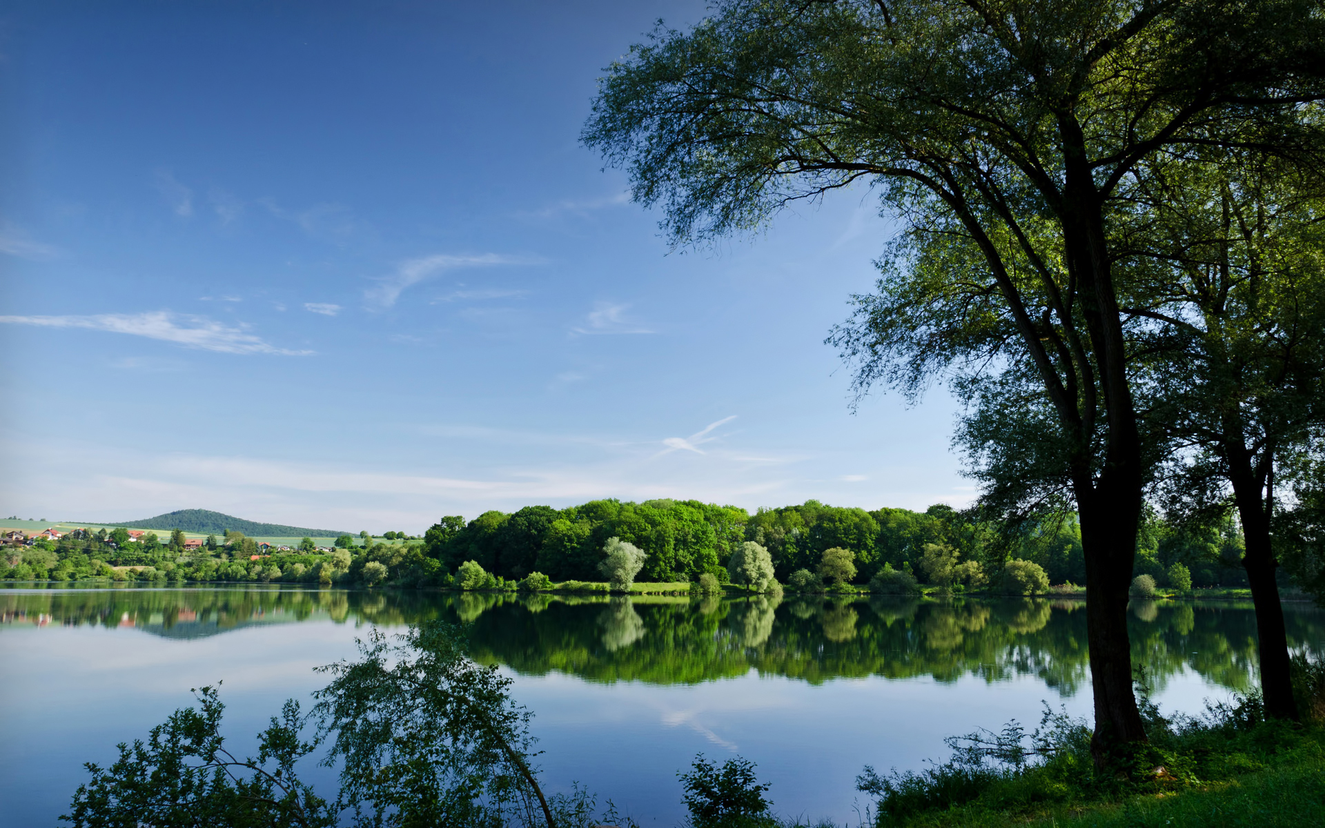 Wallpapers lake tree village on the desktop