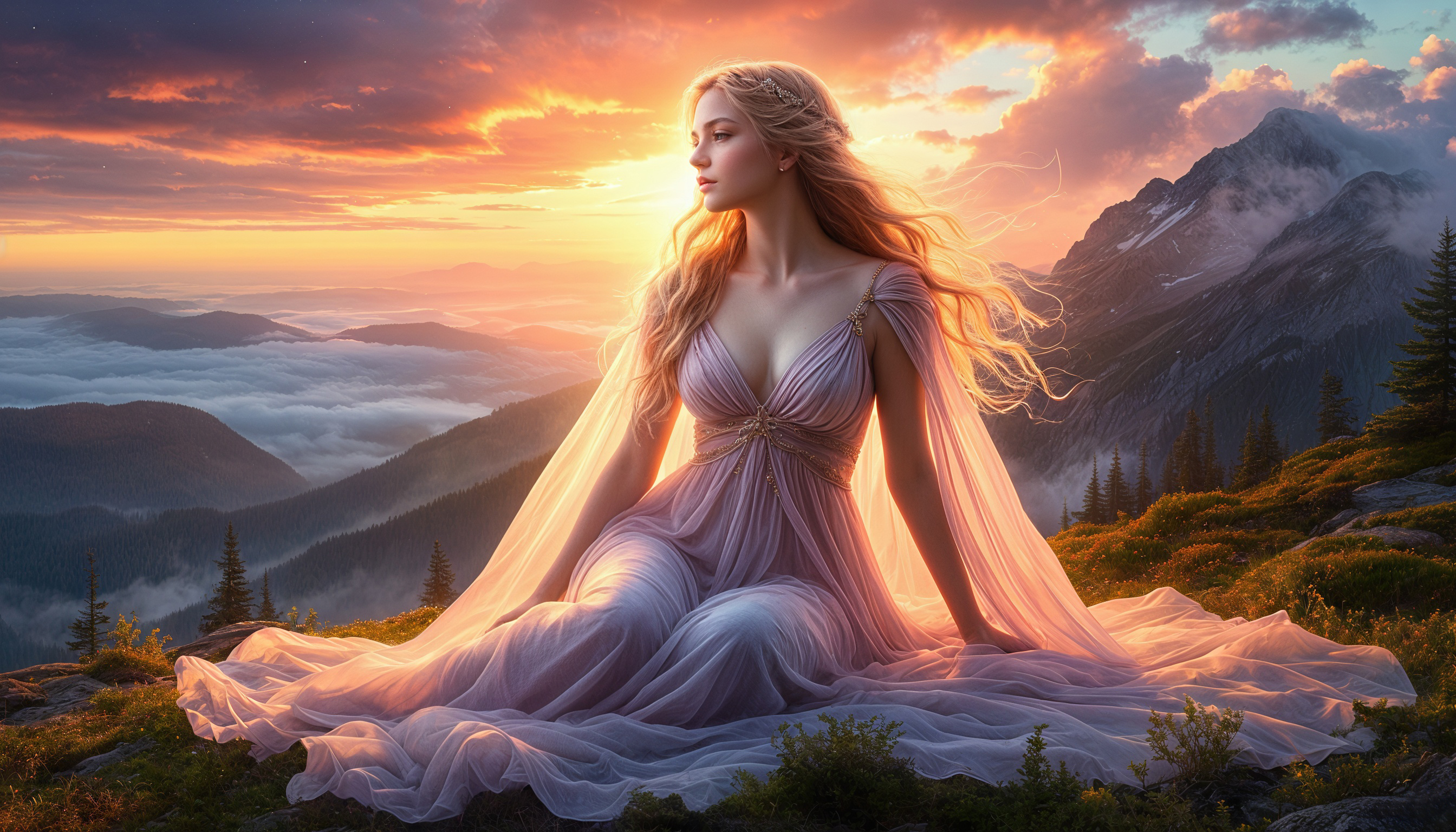 Бесплатное фото Девушка в длинном платье сидит на вершине горы, окруженная волшебным пейзажем заката и облаков.