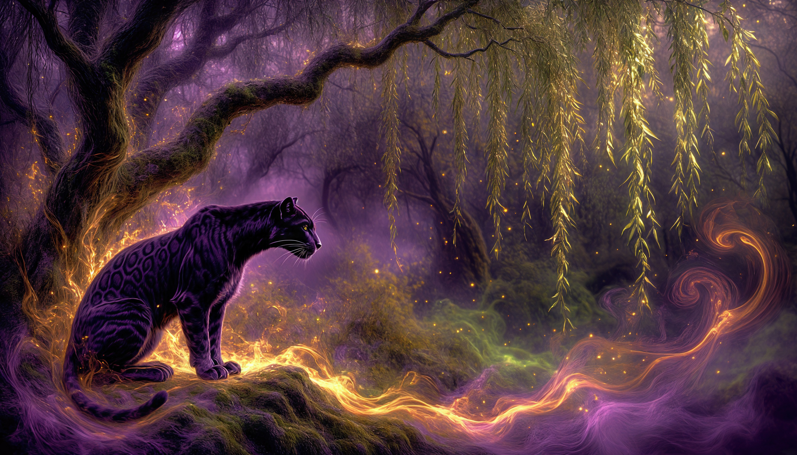 Пантера сидит в мистическом лесу, окутанная вихрем фиолетового дыма.
