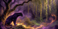 Пантера сидит в мистическом лесу, окутанная вихрем фиолетового дыма.