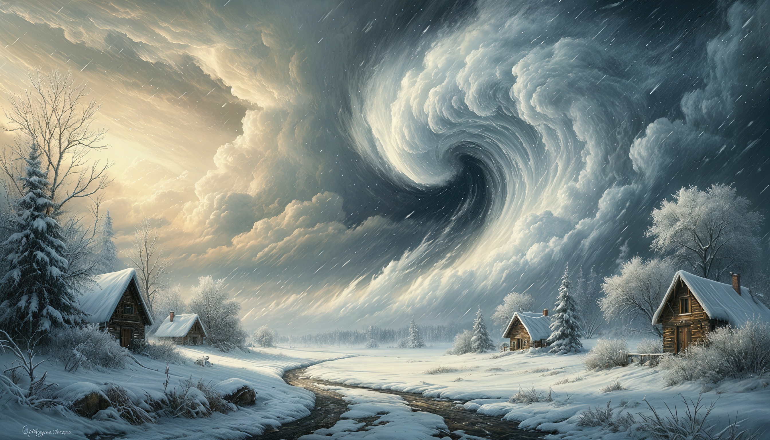 Бесплатное фото Зимний вечер в деревне с зарождающейся зимней вьюгой и домиками в лесу.