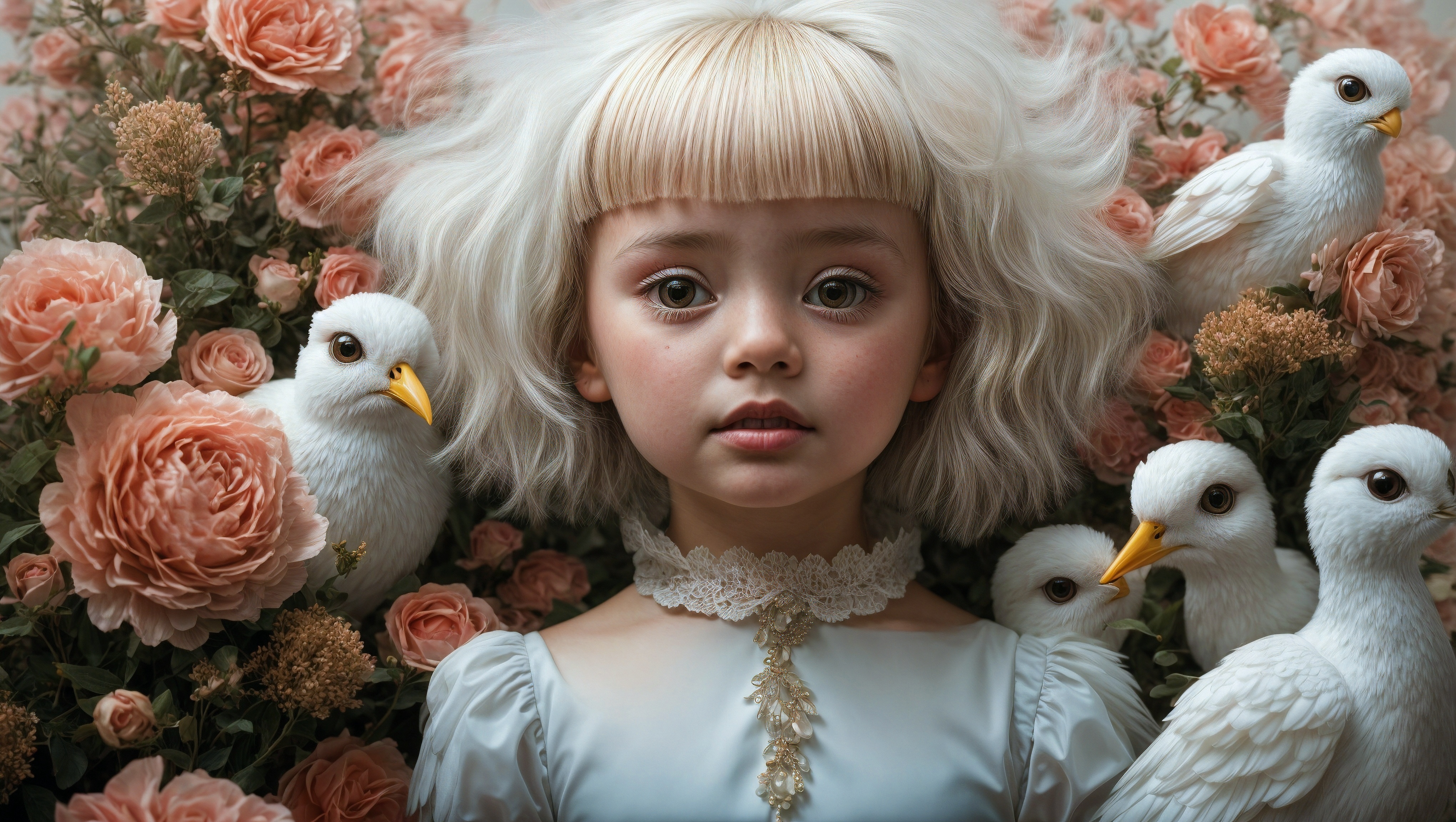 Free photo A girl in white outfit with white birds surrounding her