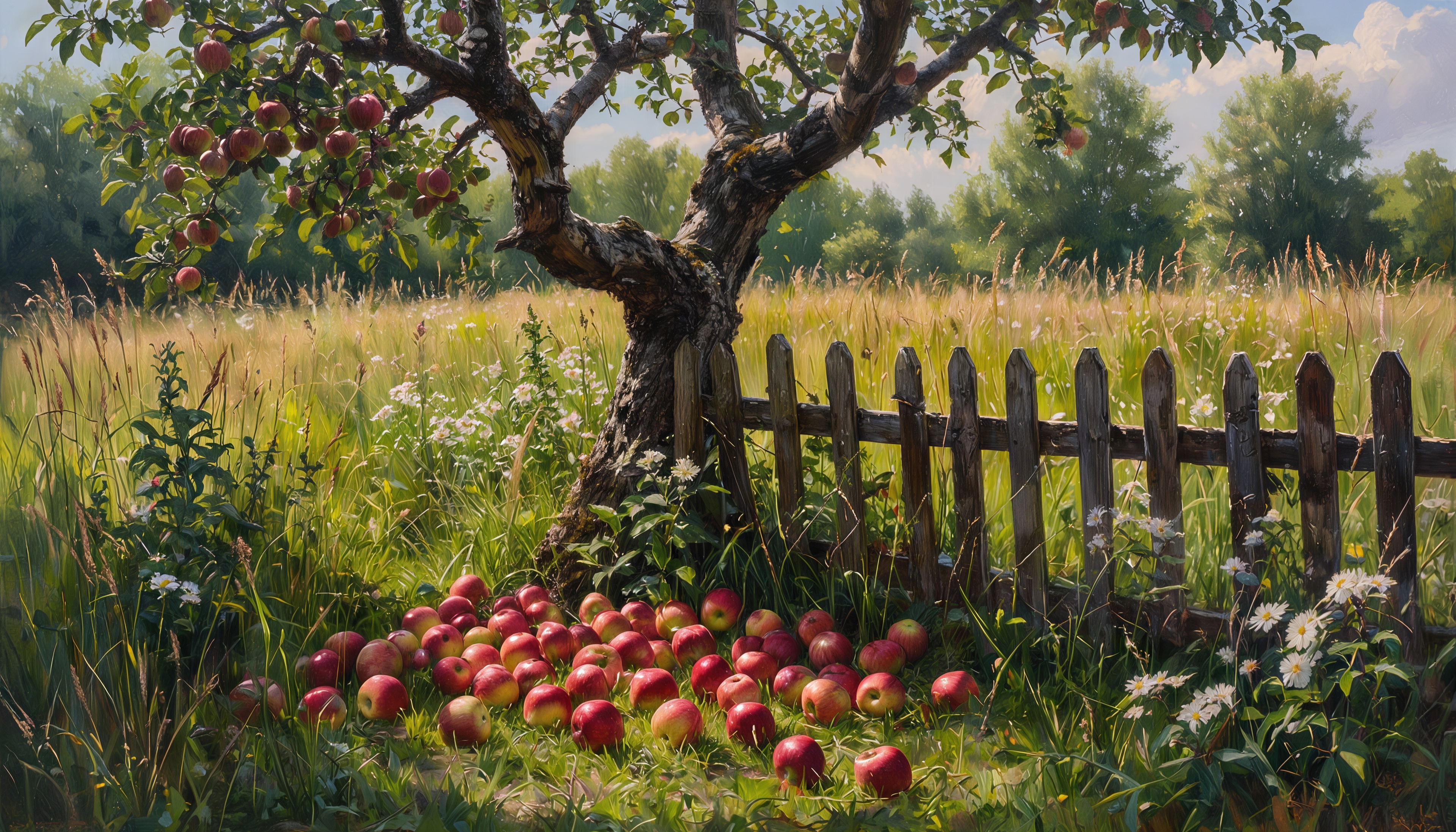 Бесплатное фото Яблоня щедро рассыпала плоды у старого штакетника, купаясь в золоте летнего солнца среди ромашек и травы.