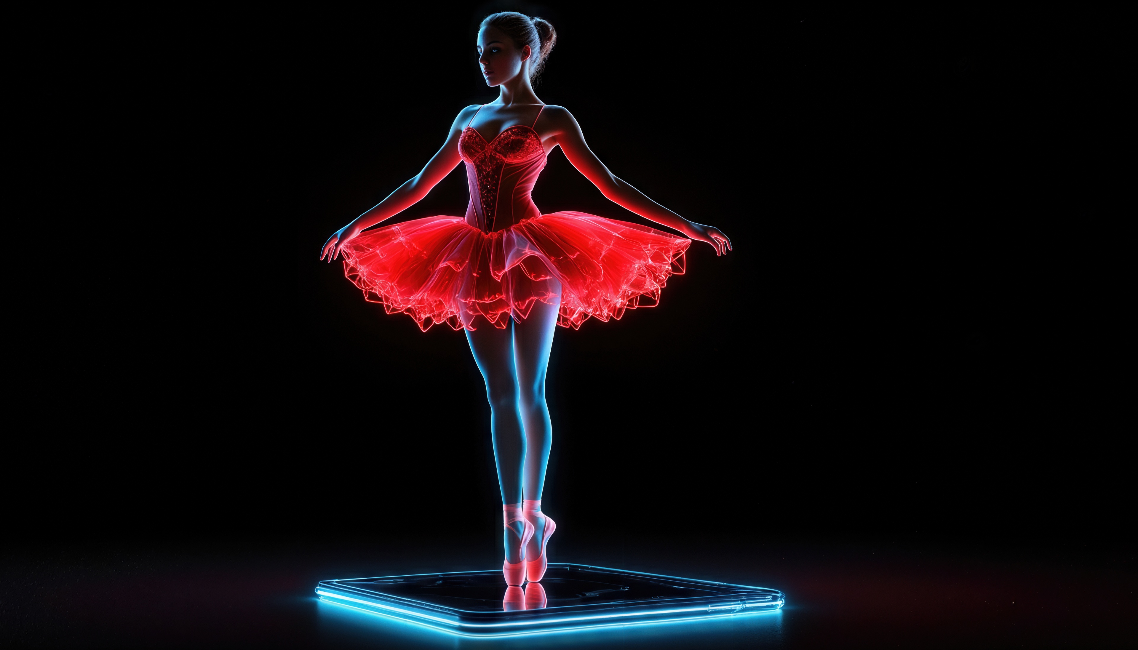 Бесплатное фото Неоновая балерина застыла в изящной позе на светящейся платформе.