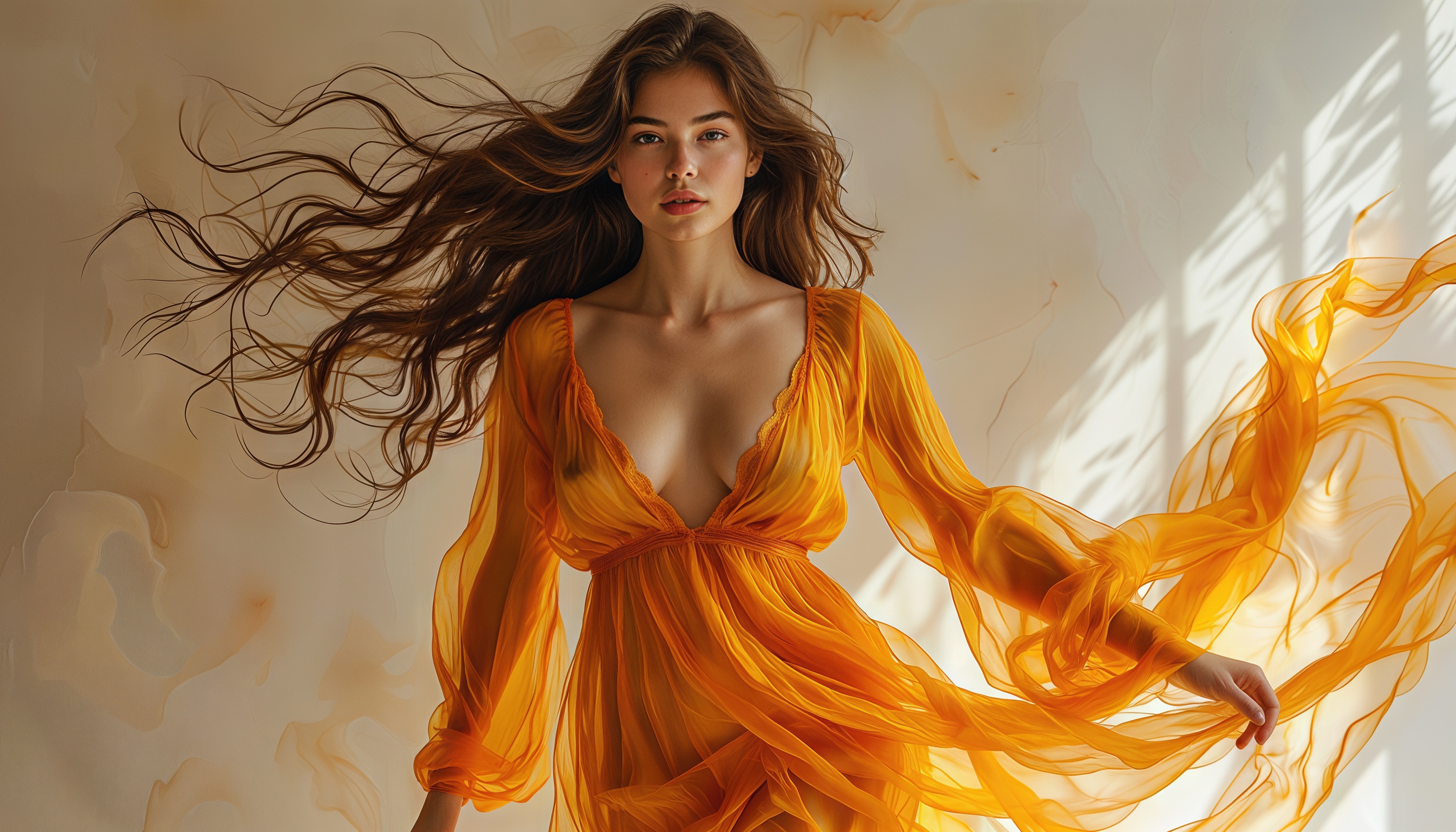 Бесплатное фото Огненное платье танцует на ветру, обрамляя девушку в ореоле солнечного света и струящихся волос.
