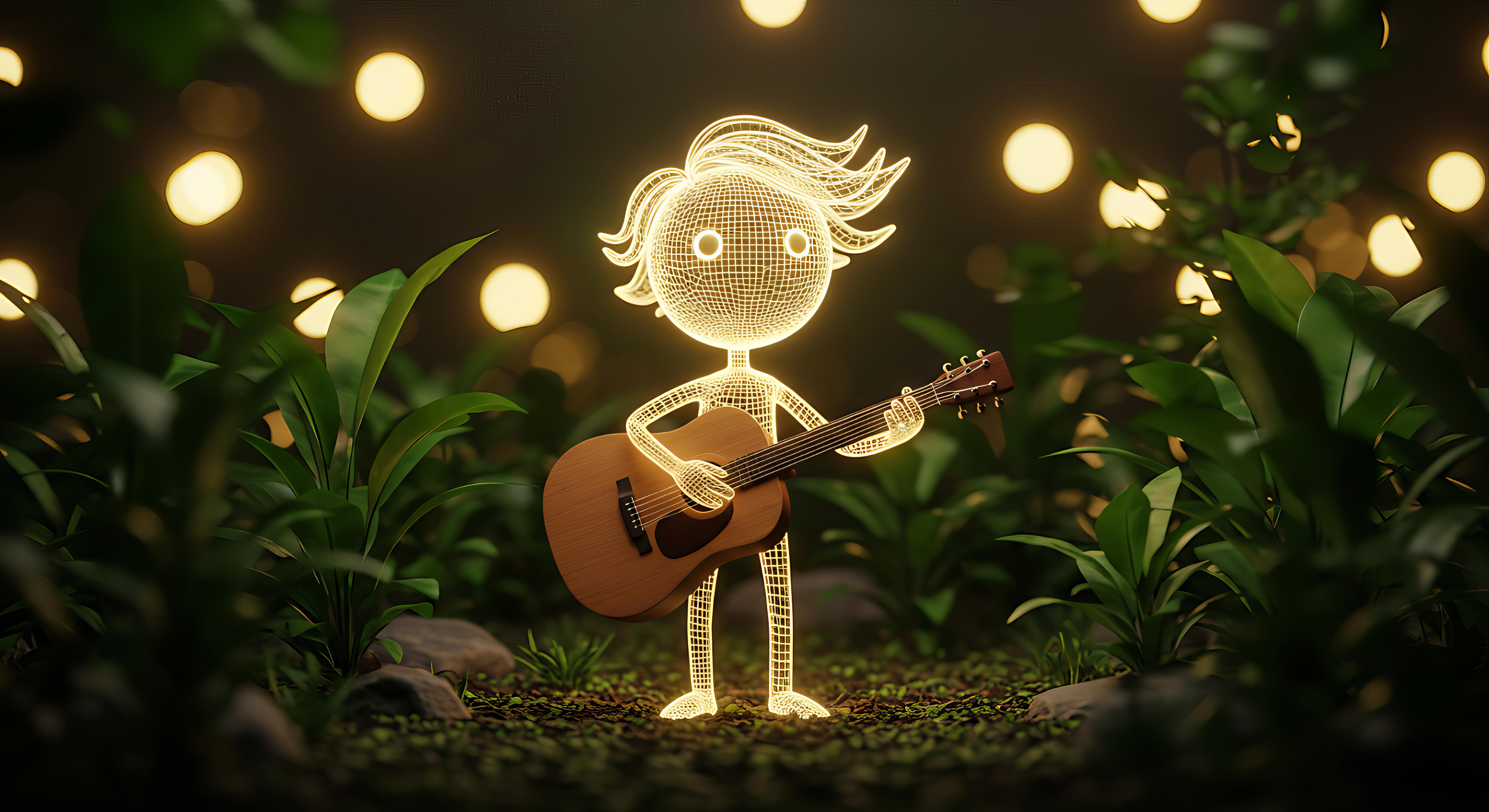 An illuminated figure is shown in the grass