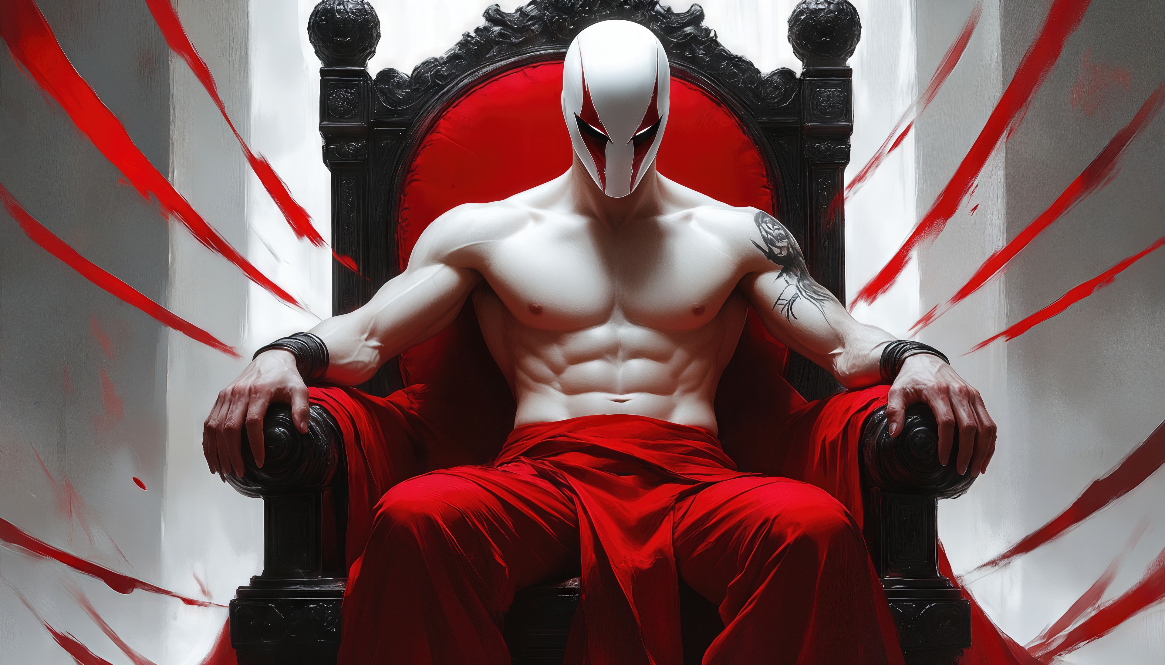 Бесплатное фото Могущественный воин в маске восседает на троне.