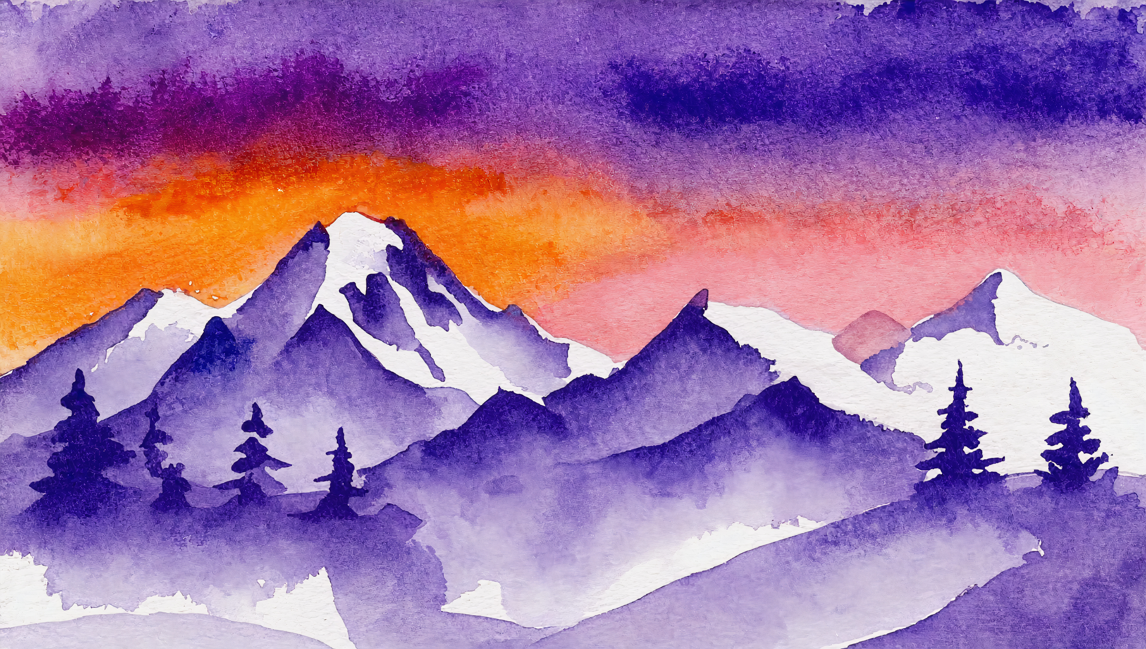 Free photo Abstract painting with mountains, dawn and fir trees