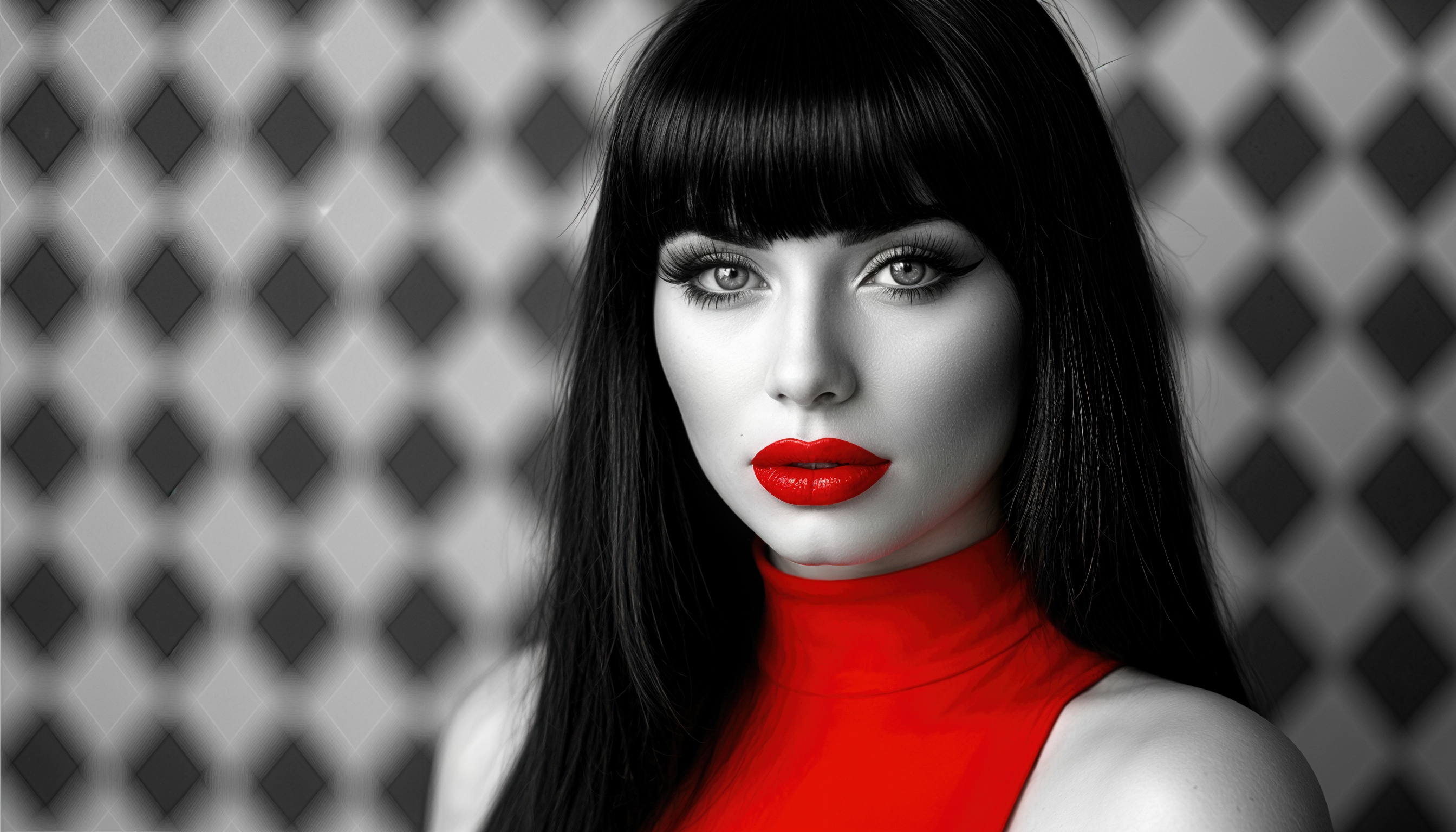 Бесплатное фото Бимбо в красной одежде с высоким воротником на фоне черно-белого геометрического узора.