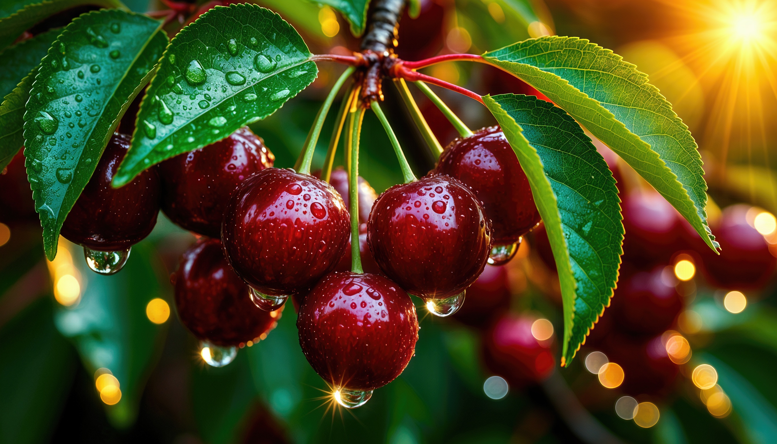 Гроздь сочных вишен блестит от росы, зелёные листья обрамляют летний дар природы.