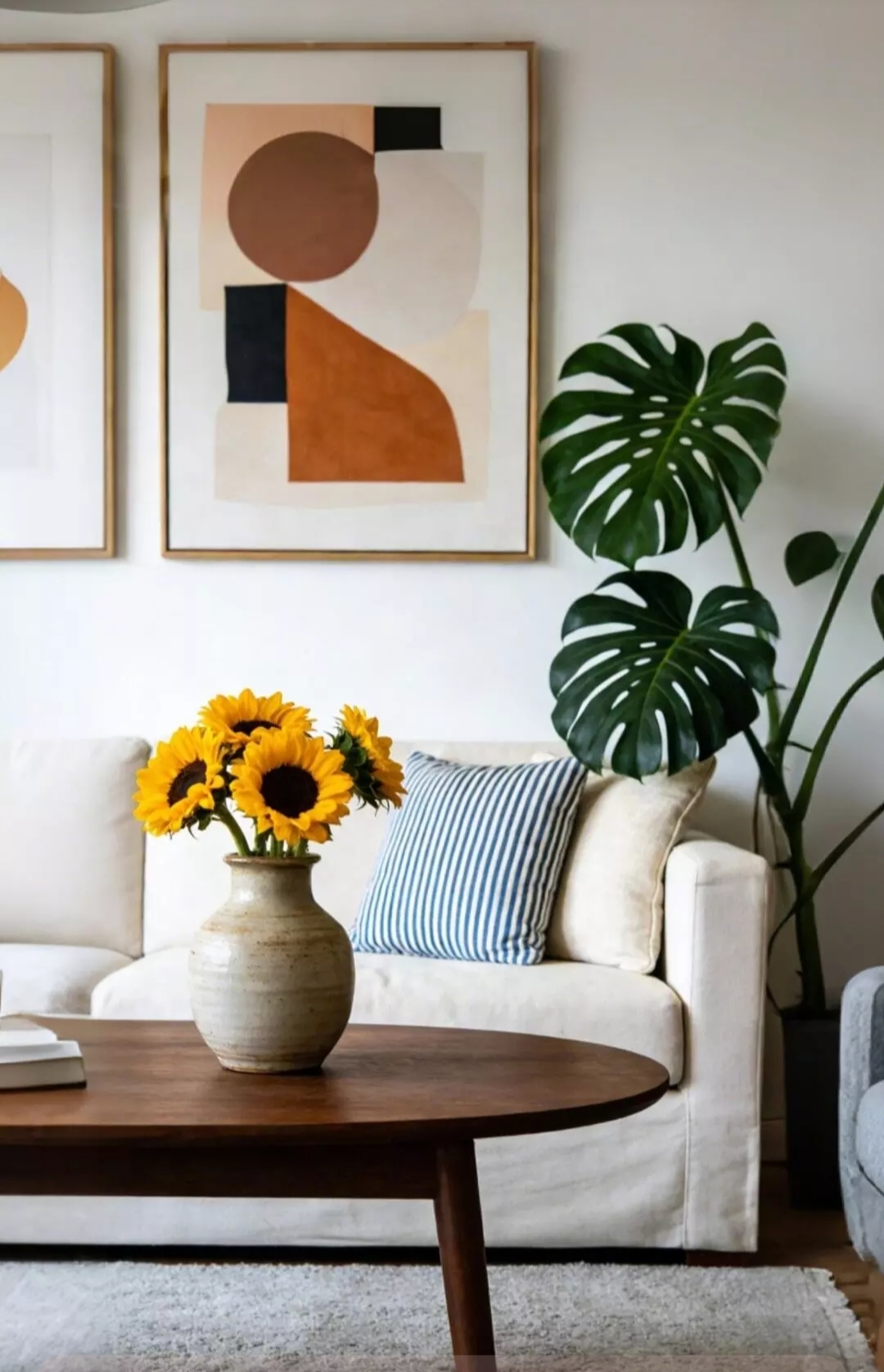 Бесплатное фото Интерьер в скандинавском стиле, природными элементами и современной абстракцией