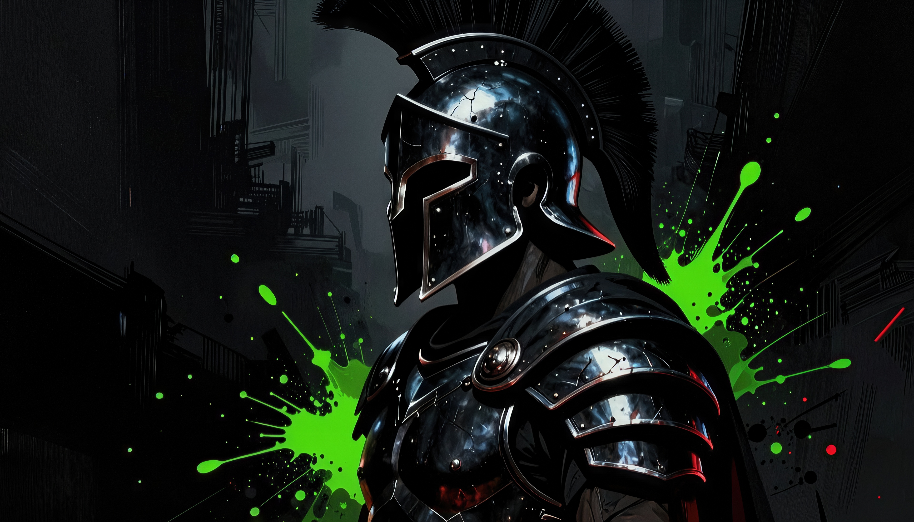 Free photo A warrior in dark antique armor and a helmet with a crest on a background of neon green splashes of paint.