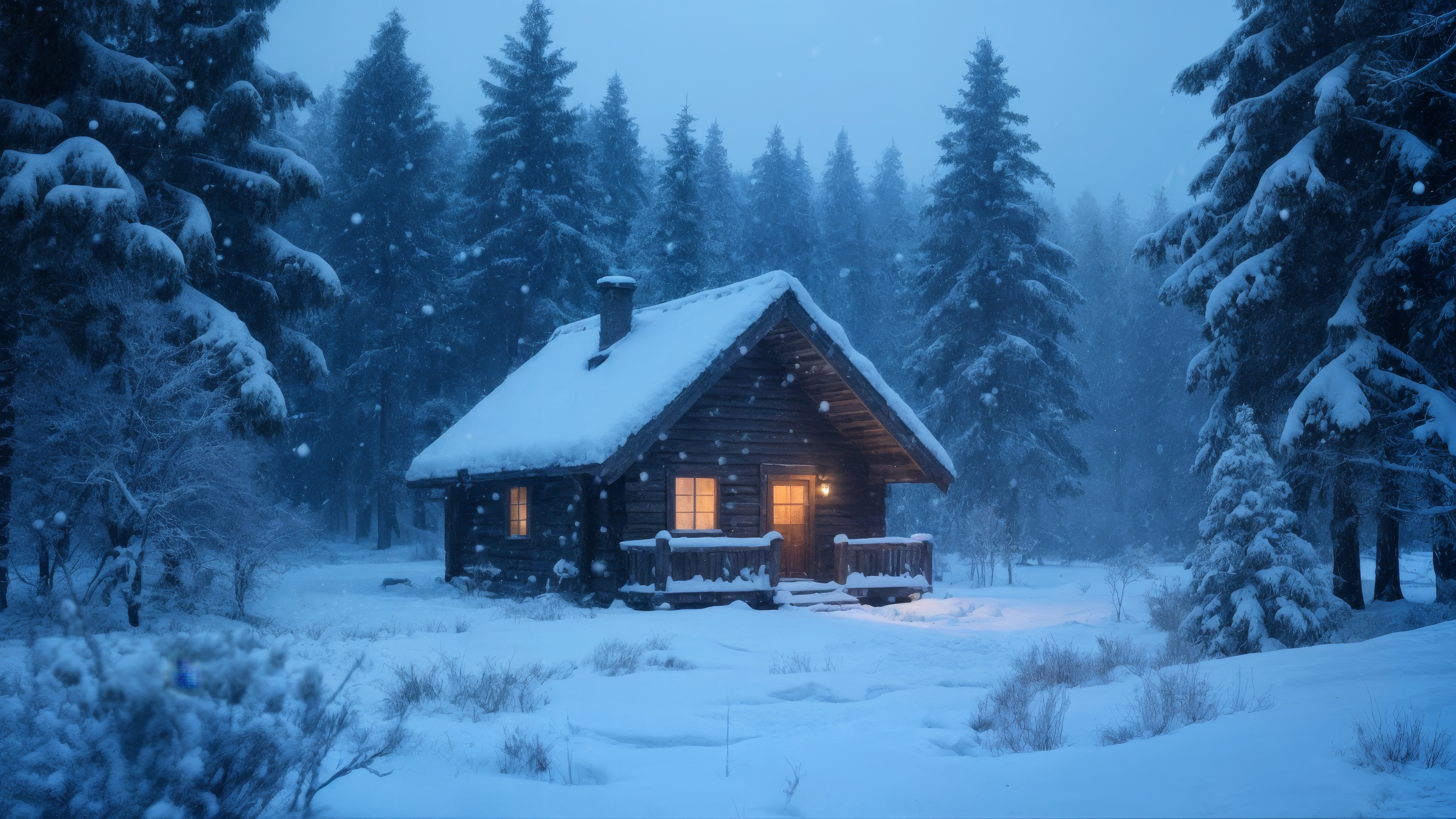 Бесплатное фото Домик в зимней обстановке с ярким окном и заснеженными деревьями