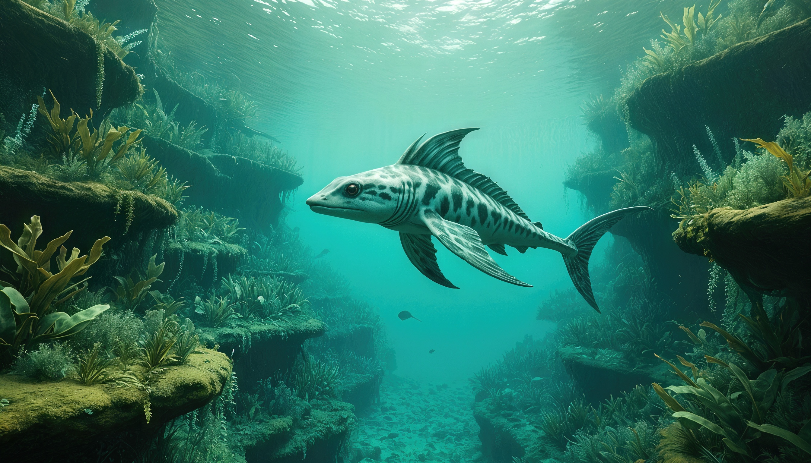 Подводная сцена с рыбой среди кораллов и морских водорослей, освещенная проникающим сквозь воду светом.