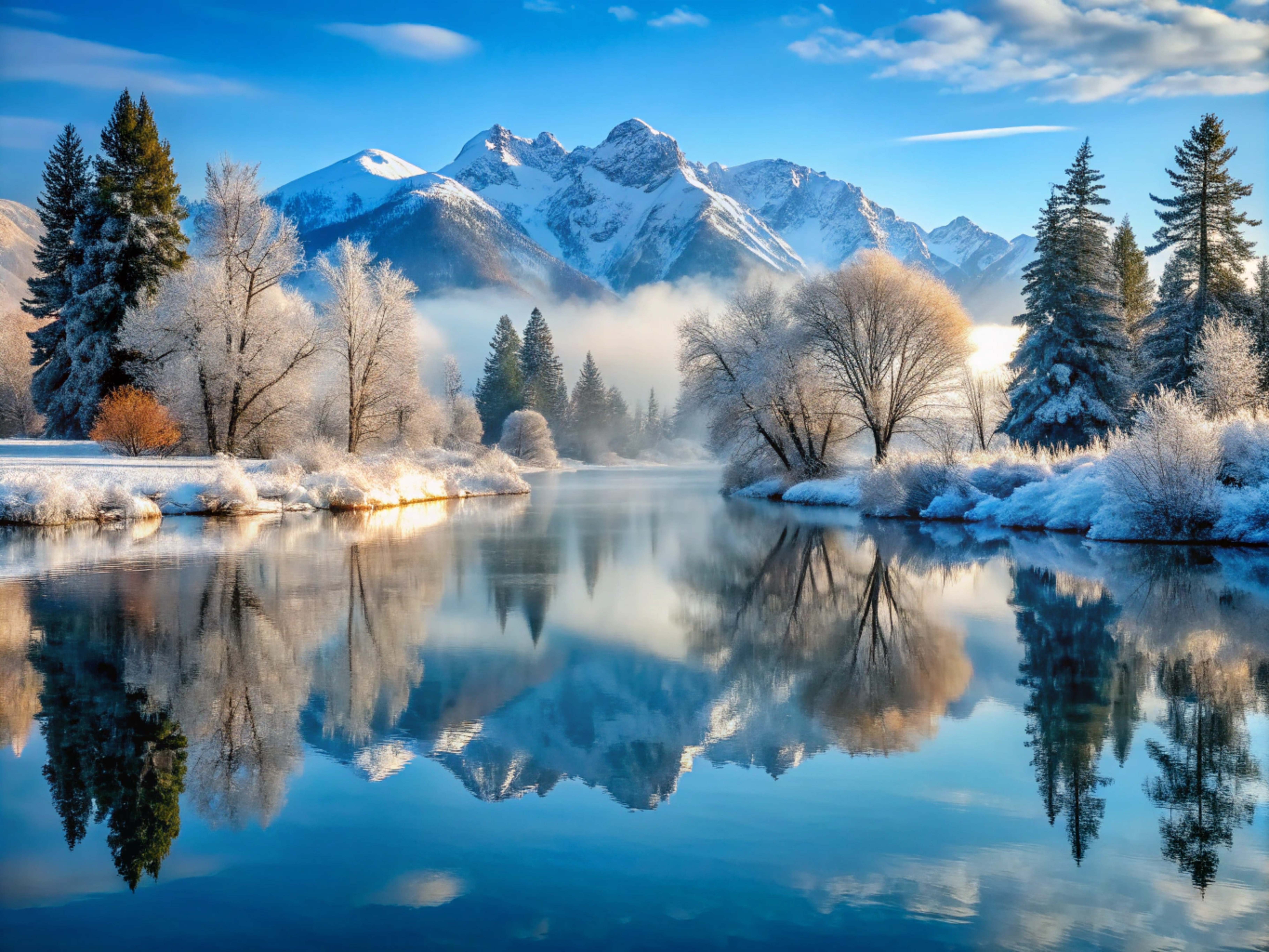 免费照片冬日霜晨，河面倒影