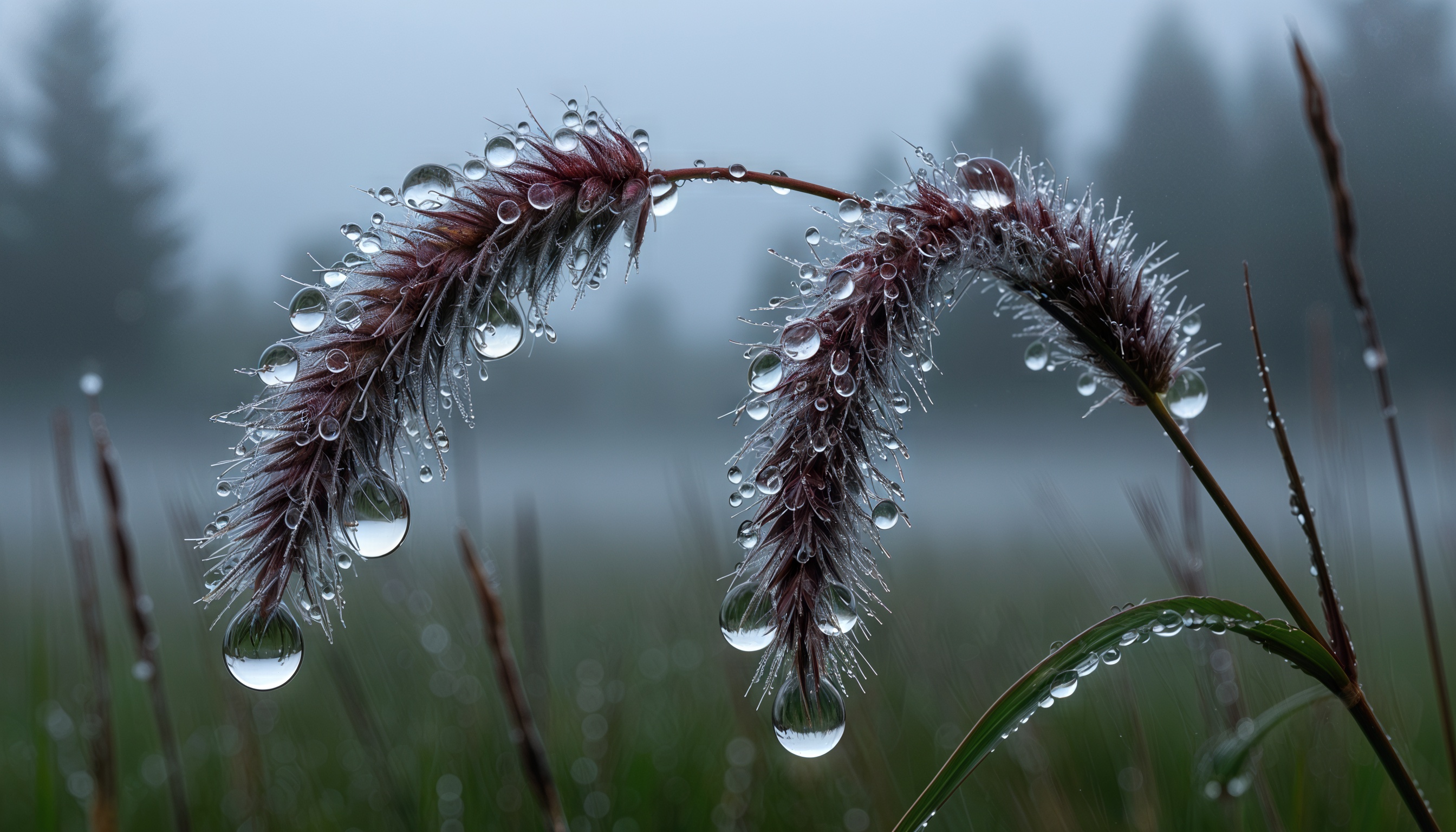 Бесплатное фото Утренняя роса украшает пушистые метёлки травы в туманном пейзаже.