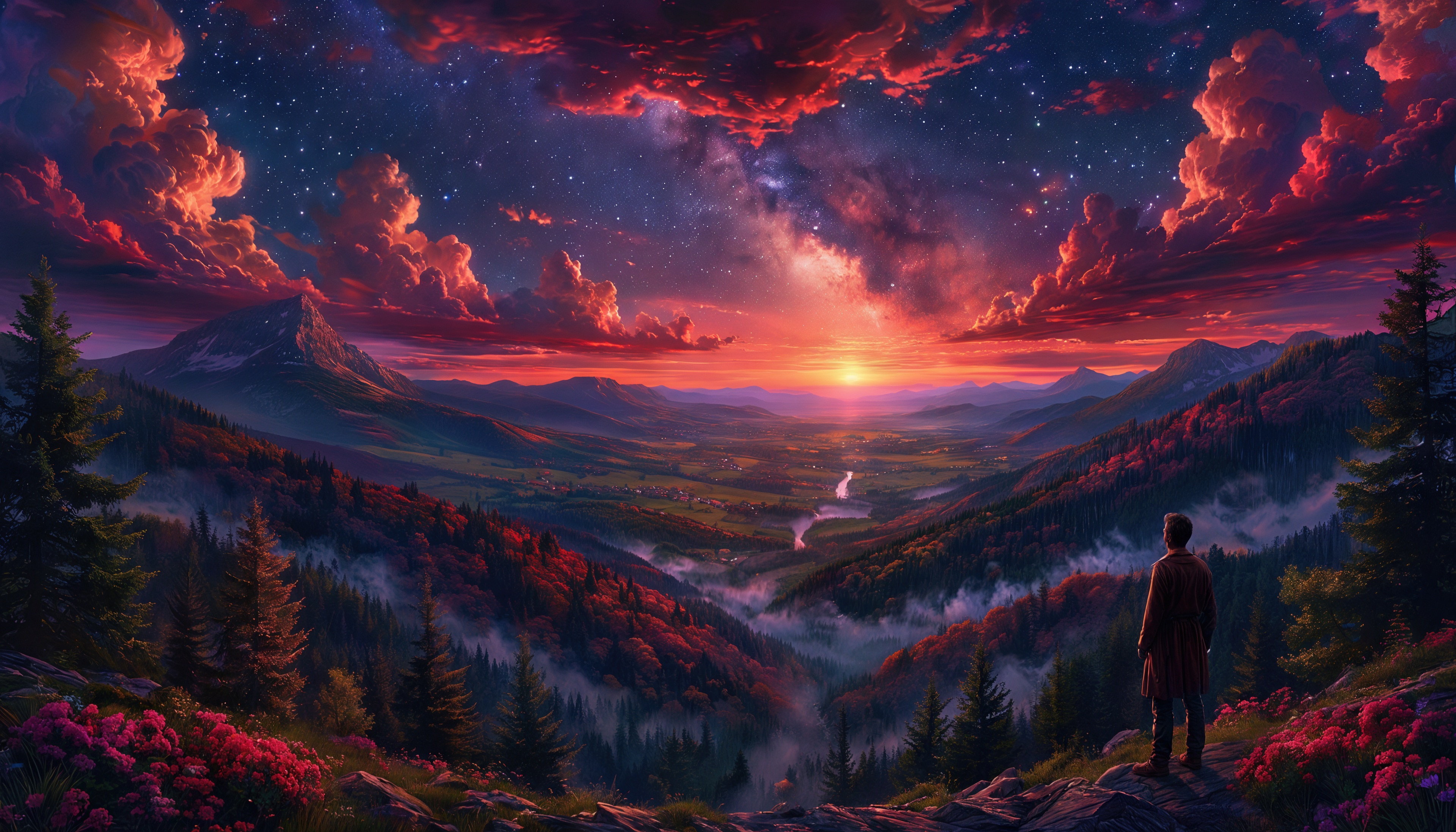 Бесплатное фото Одинокий путник любуется закатом над туманной долиной и звёздным небом.