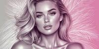 Портрет женщины с длинными светлыми волосами на фоне с переходом от серого к розовому, украшенный белыми линиями.