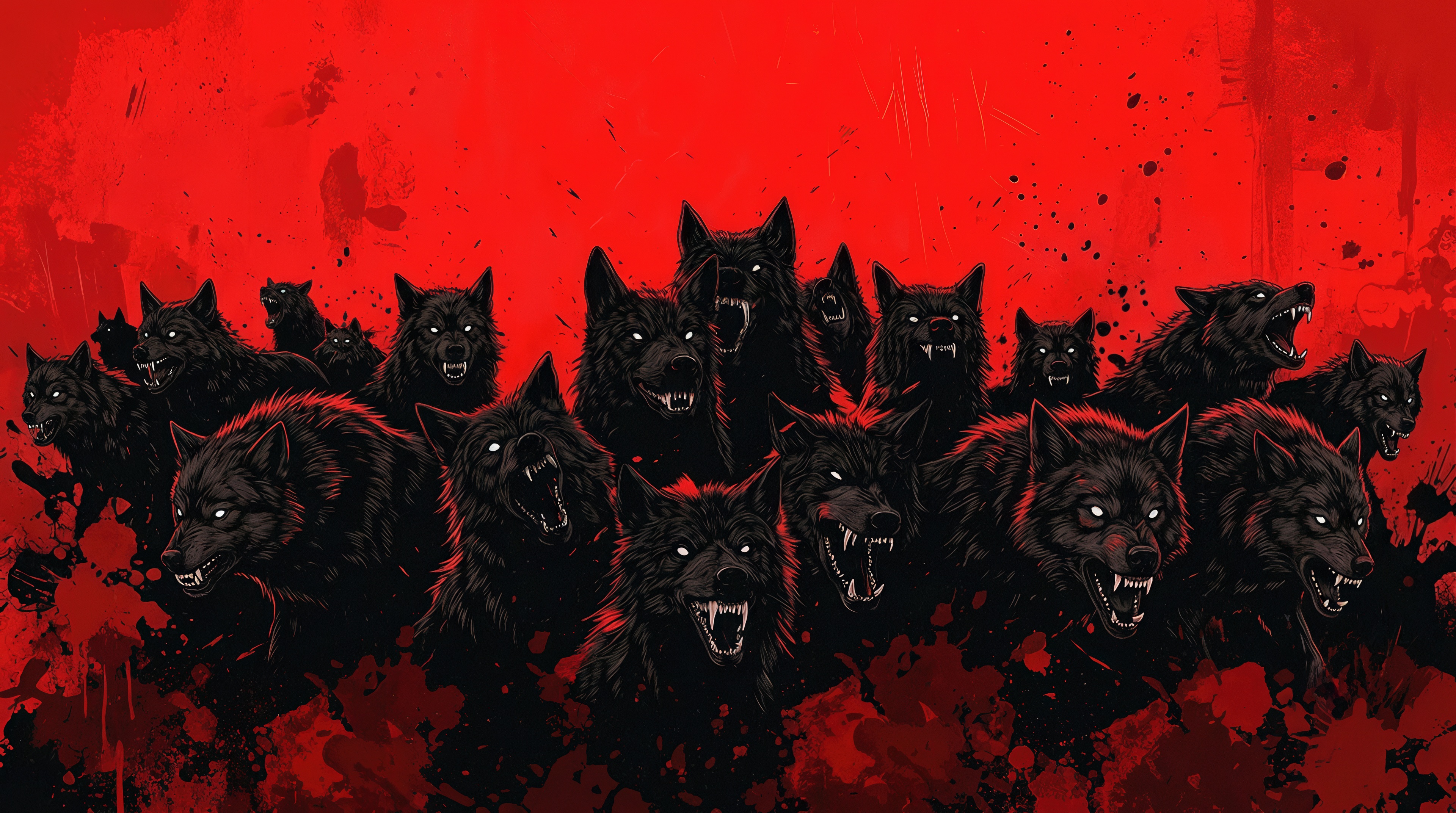 Aggressive digital art with a pack of rabid dogs baring their fangs on a blood-red background with splashes.