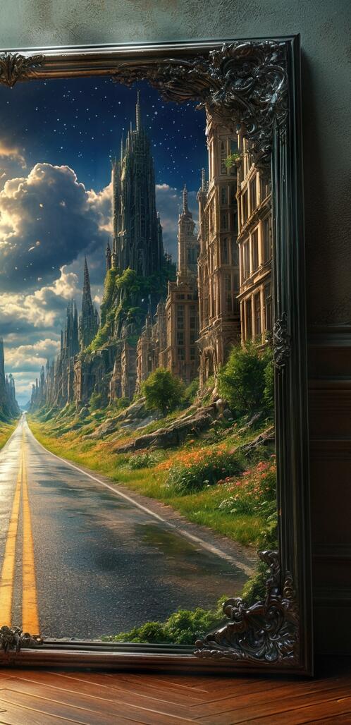 Бесплатное фото Картина-портал: дорога ведёт к загадочному городу под звёздным небом.