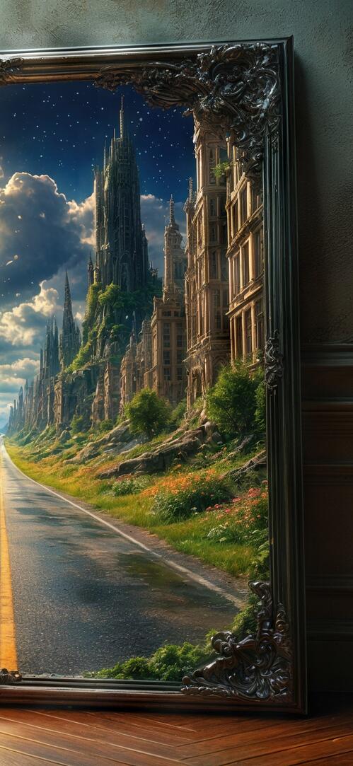 Бесплатное фото Картина-портал: дорога ведёт к загадочному городу под звёздным небом.