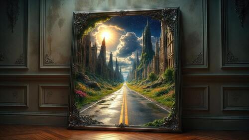 Бесплатное фото Картина-портал: дорога ведёт к загадочному городу под звёздным небом.