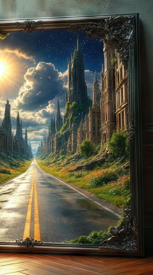 Бесплатное фото Картина-портал: дорога ведёт к загадочному городу под звёздным небом.
