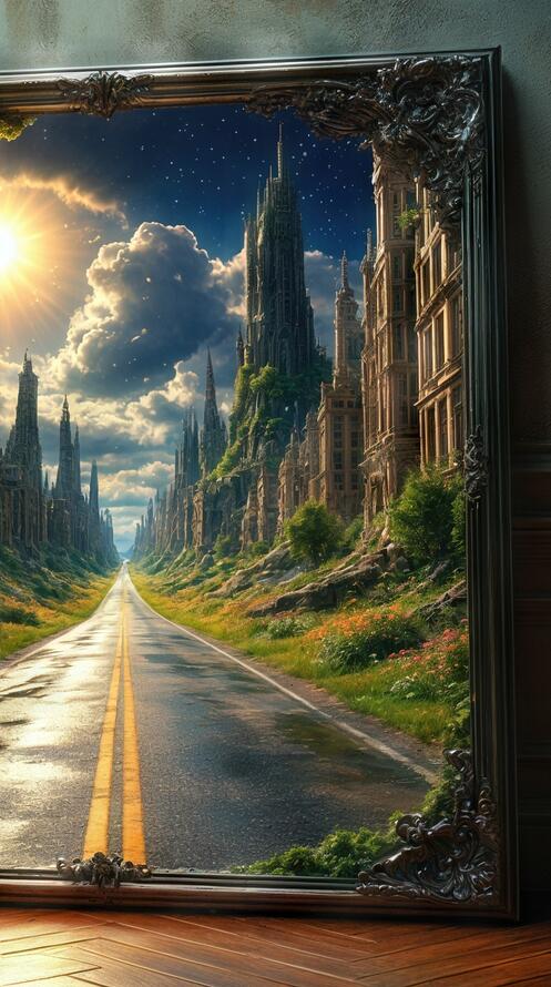 Бесплатное фото Картина-портал: дорога ведёт к загадочному городу под звёздным небом.