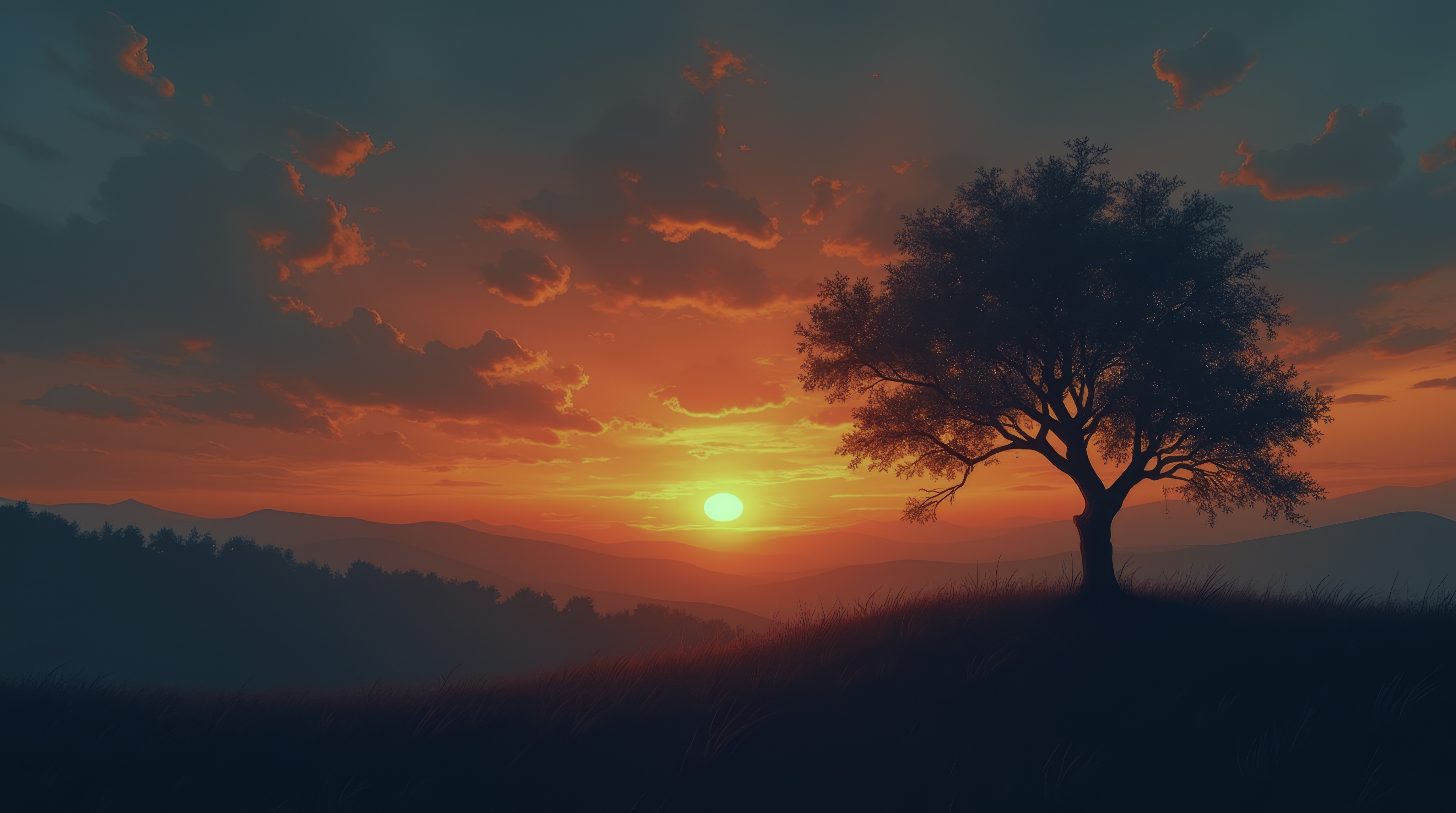 Бесплатное фото Одинокое дерево на краю холма с заходящим солнцем на заднем плане