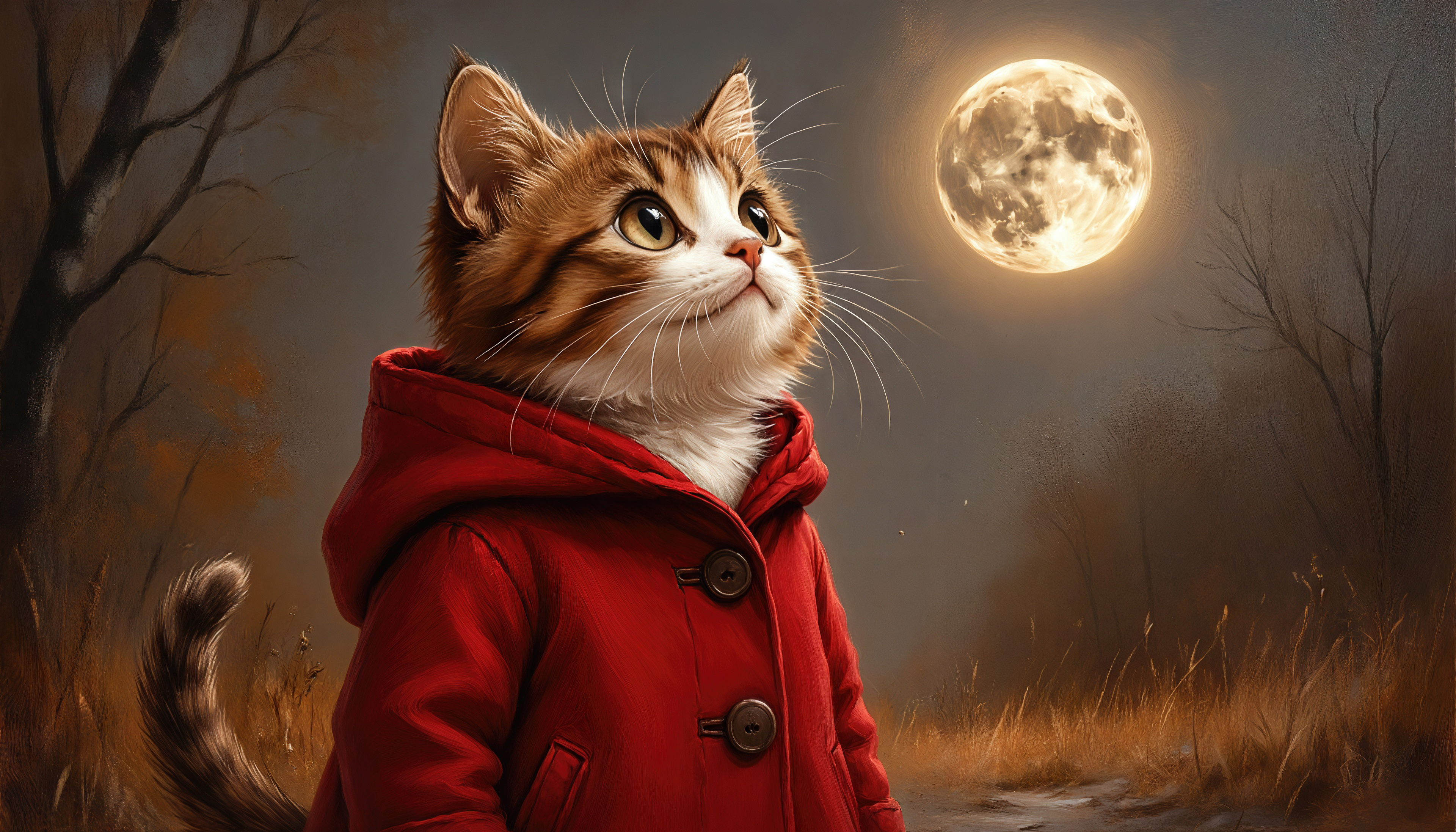 Бесплатное фото Кот в алом пальто зачарованно глядит на небо и полную луну в таинственном осеннем лесу.
