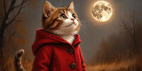 A cat in a scarlet coat gazes enchantingly at the sky and the full moon in a mysterious autumn forest.