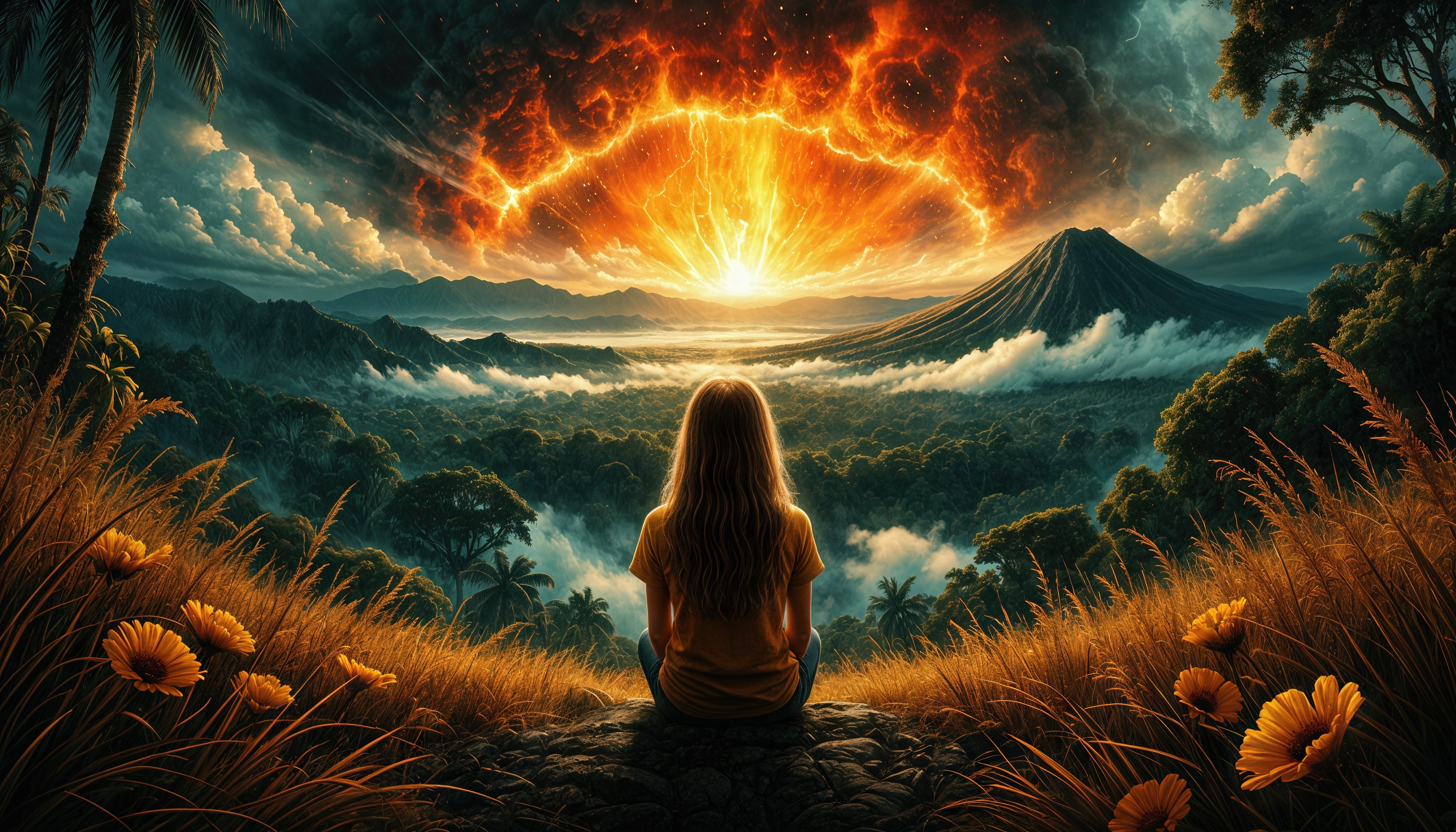 Бесплатное фото Девушка сидит на камне, смотрит вдаль на конец света на фоне леса, гор и вулкана.