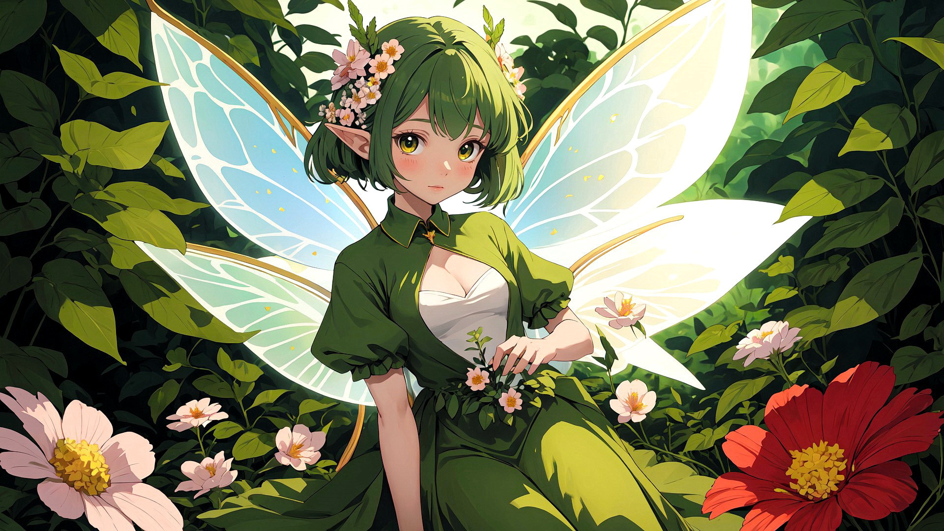 Drawing of a fairy in a green dress sitting against a background of leaves