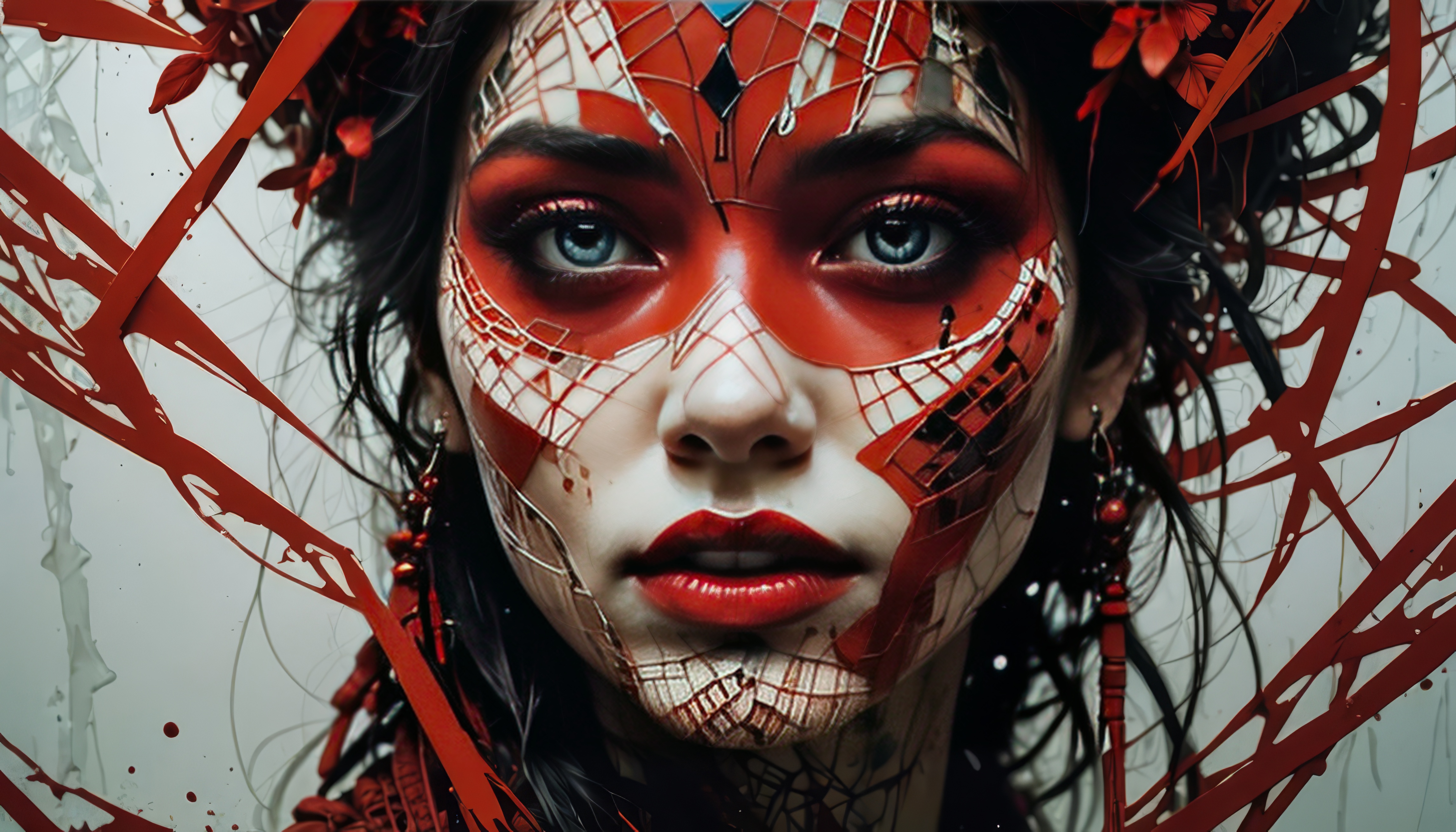 Женщина с красной краской на голове, черными волосами и красным макияжем