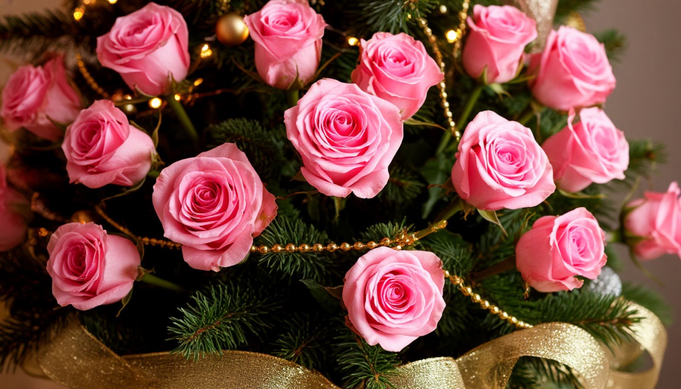 Бесплатная открытка Новогодний розовый букет.