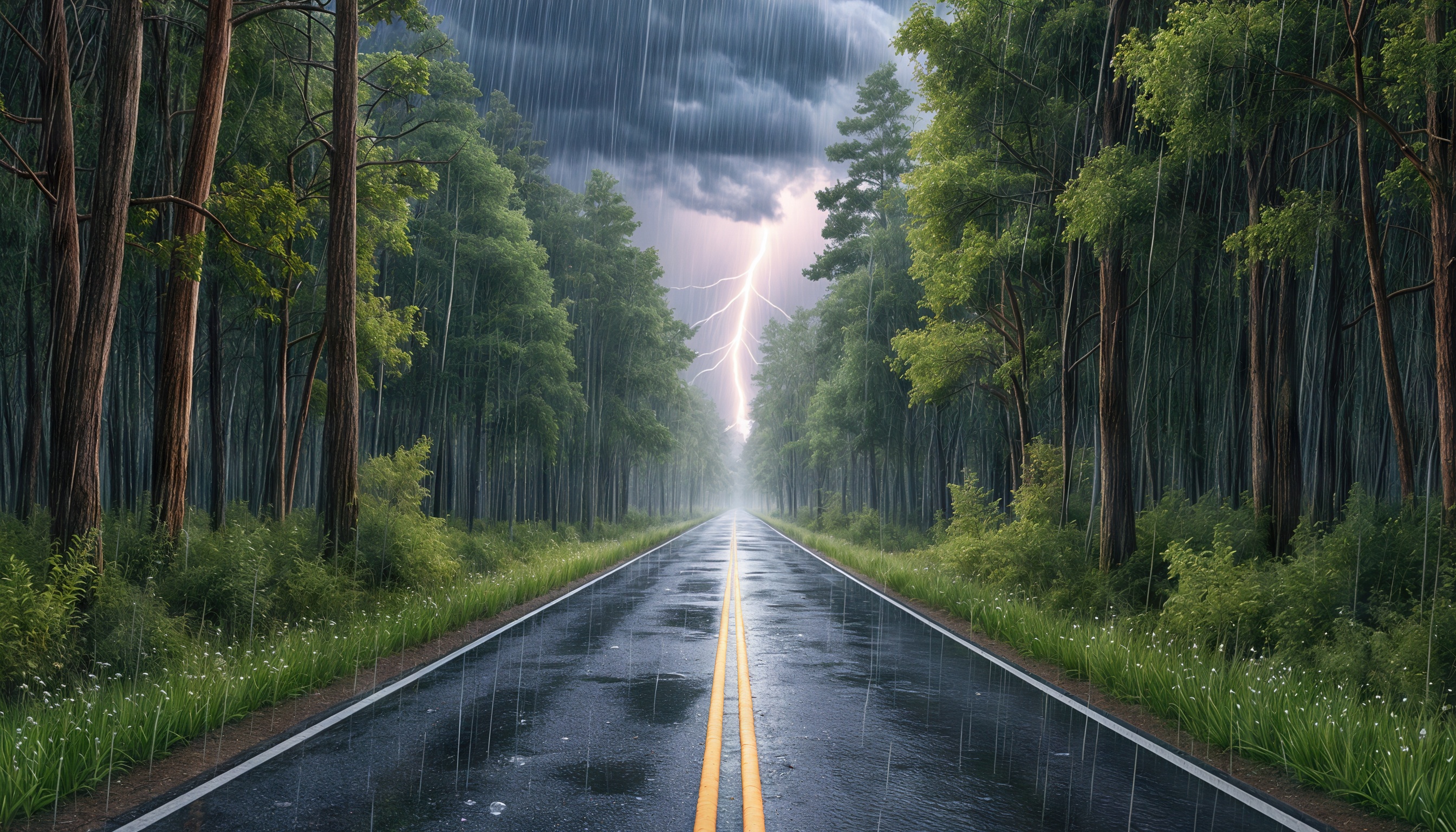 Бесплатное фото Мокрая дорога в лесу, уходящая вдаль, с молнией вдали.