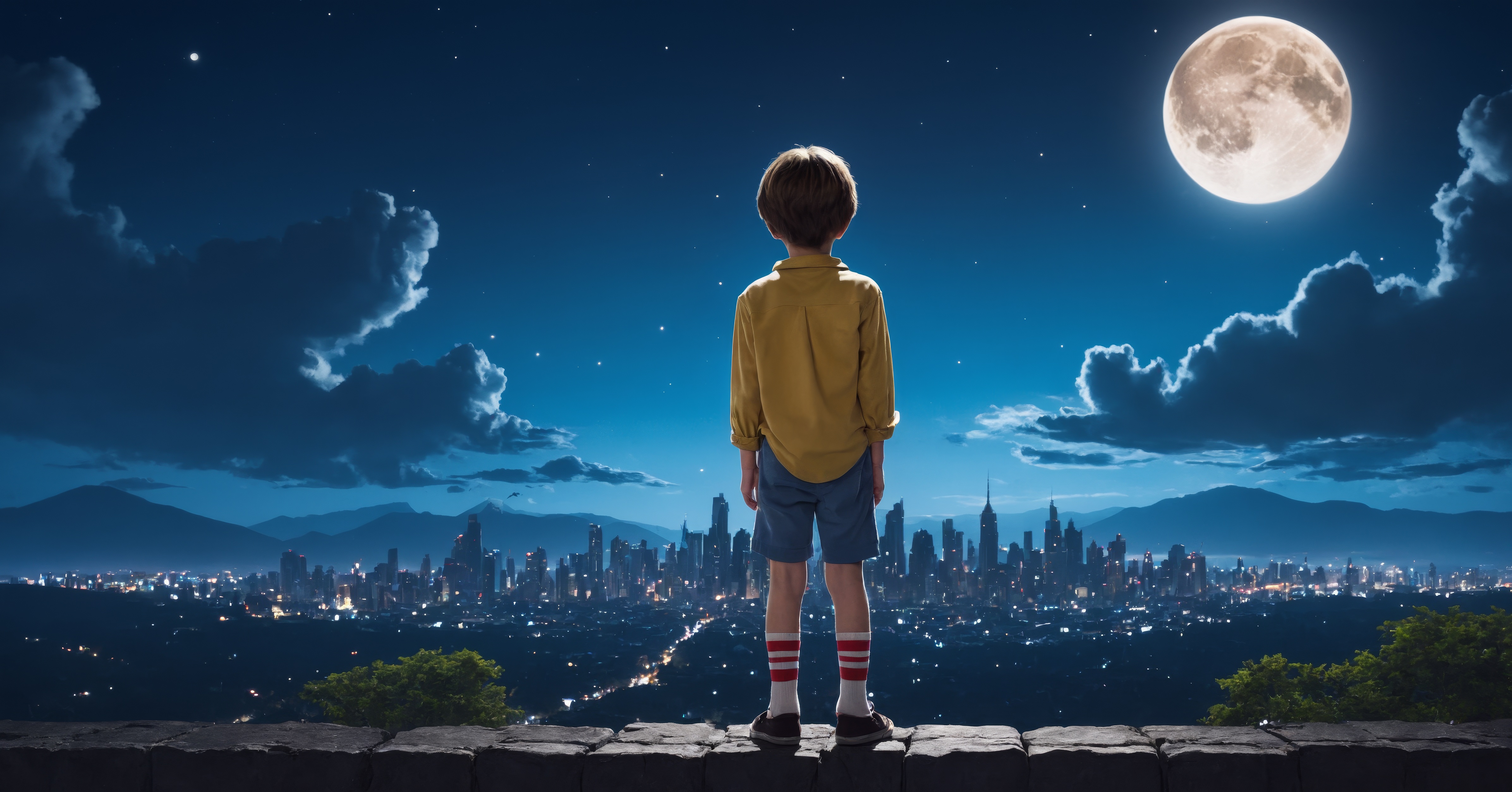 Free photo A boy looks out over the city under the moon.