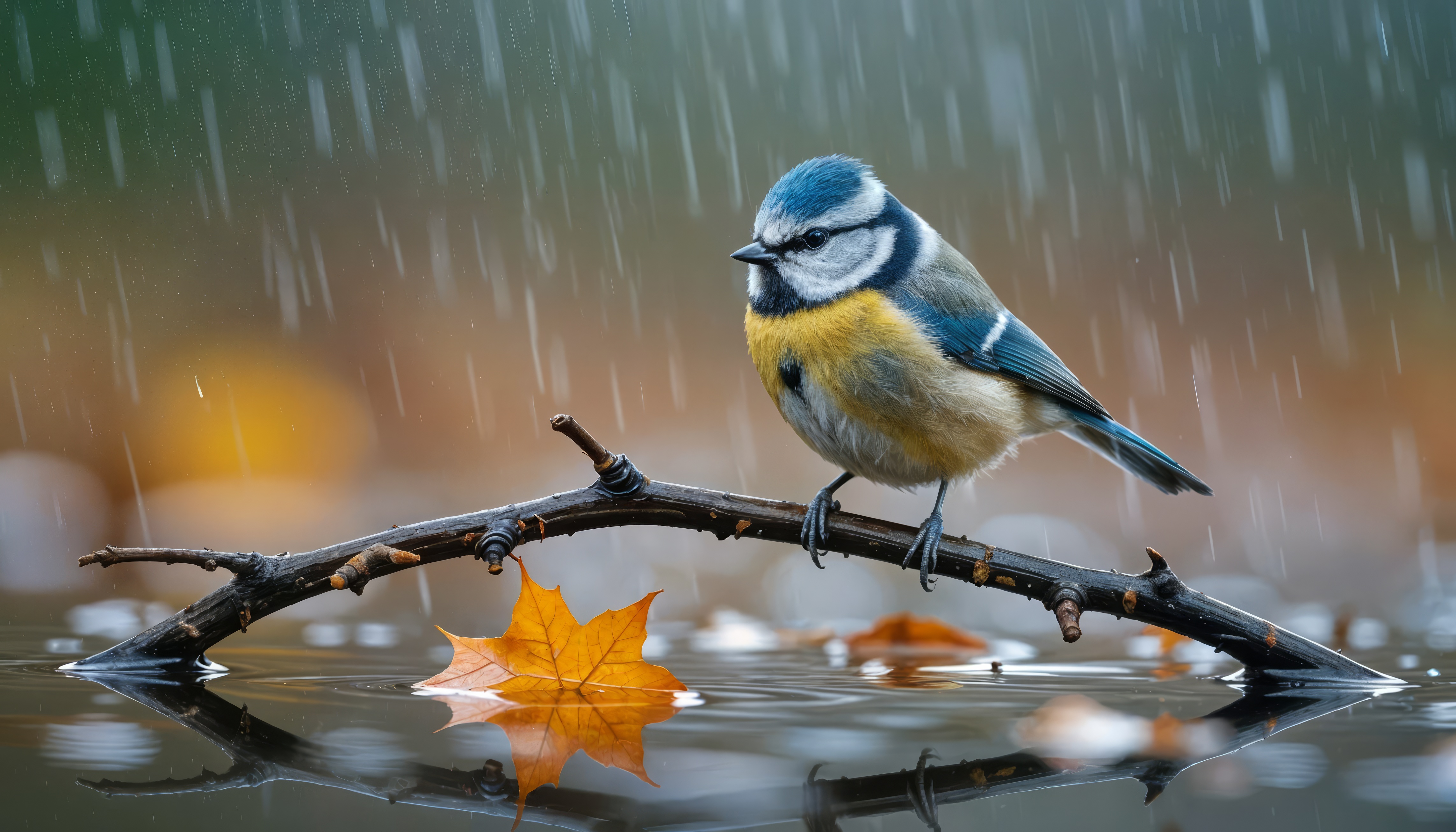 树枝上的一只小蓝鸟，落叶