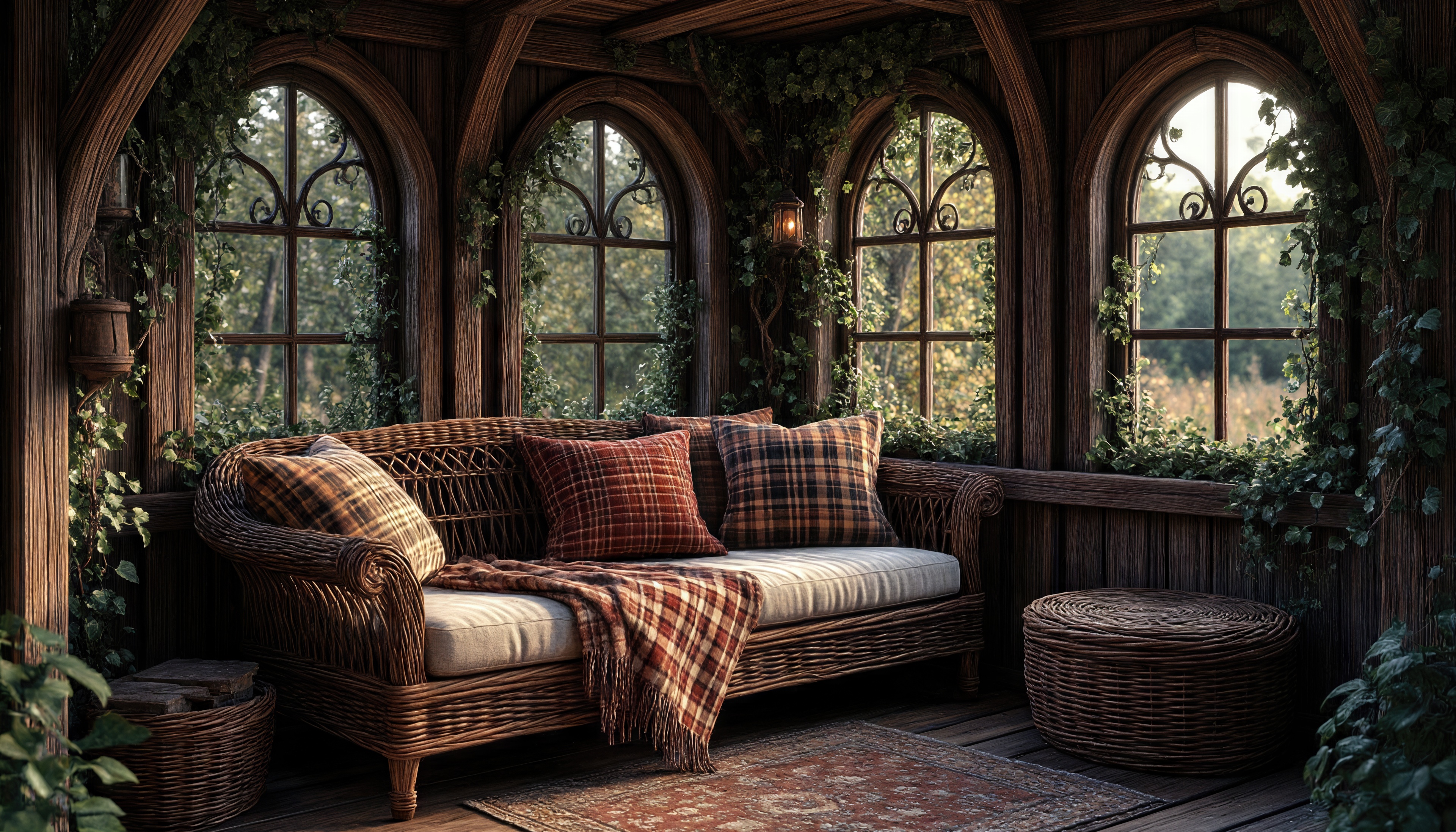 Бесплатное фото Деревянная веранда с плетёной мебелью и клетчатыми подушками.