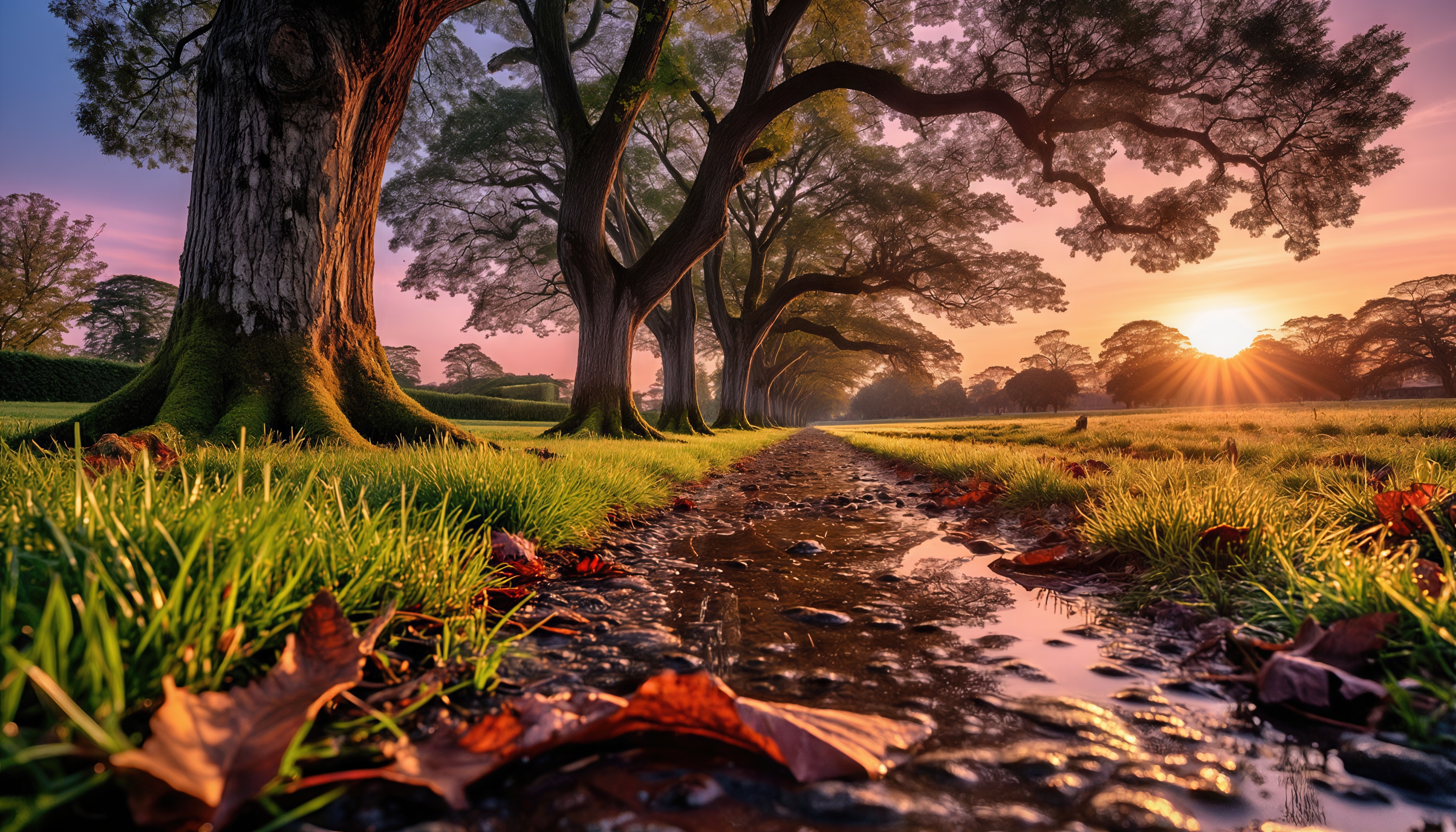 Бесплатное фото Осенняя аллея в лучах заходящего солнца, усыпанная листьями.