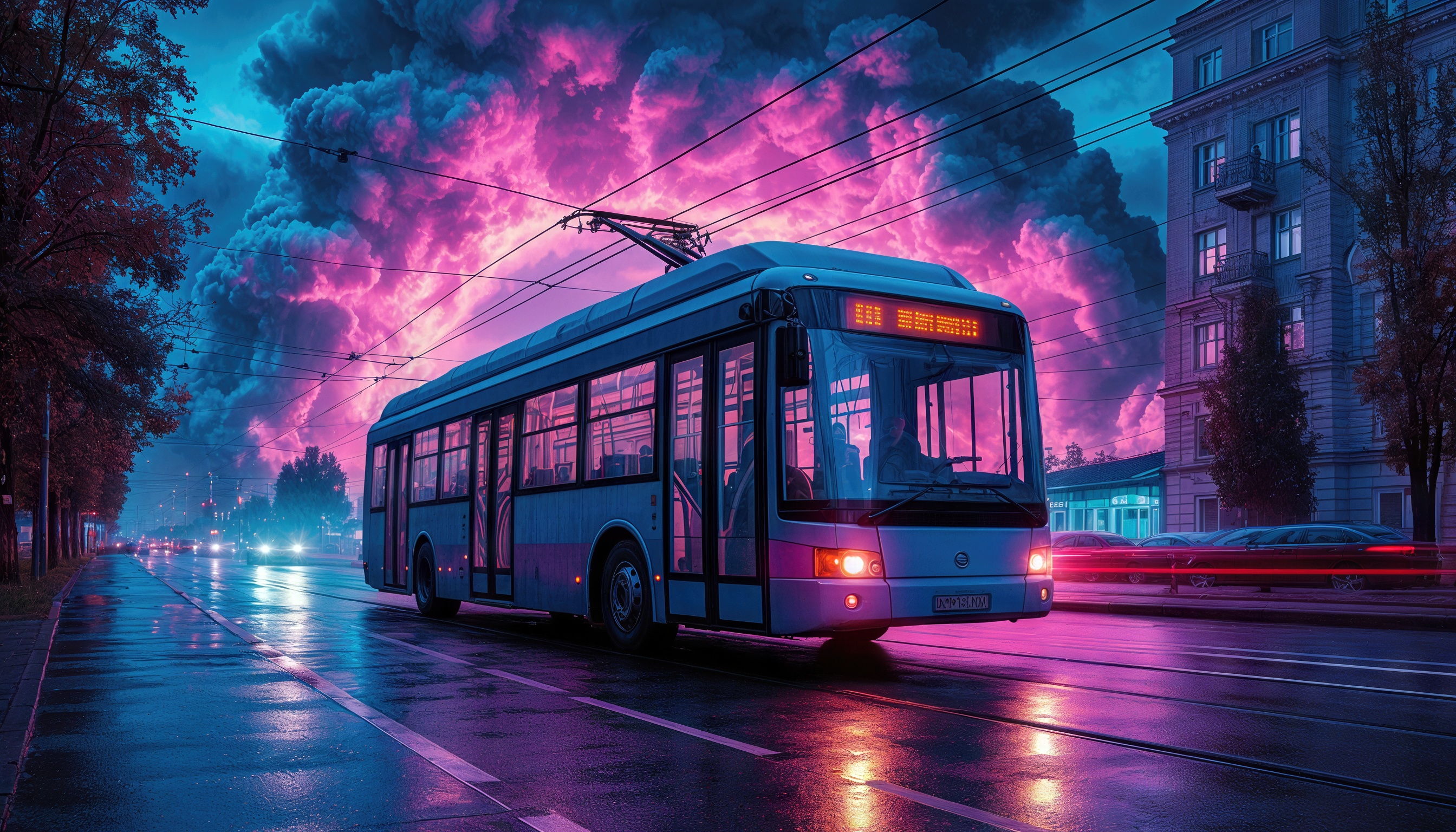 Бесплатное фото Троллейбус движется по мокрой городской улице в вечернее время.