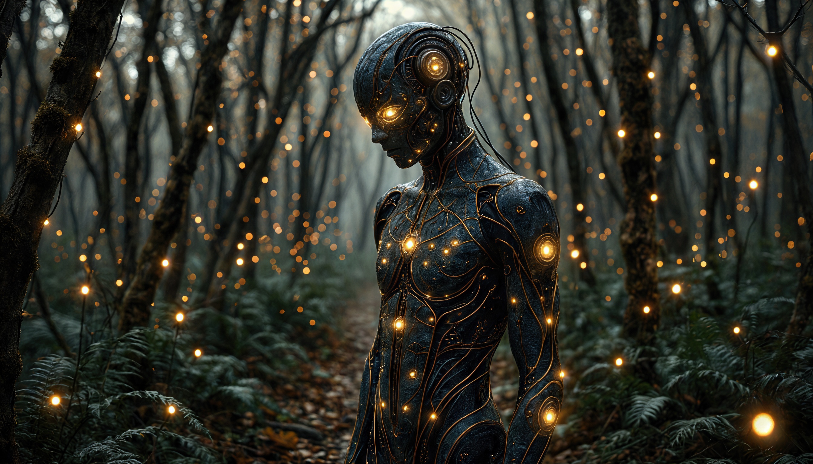 Андроид с металлическим телом и светящимися узорами стоит в лесу.