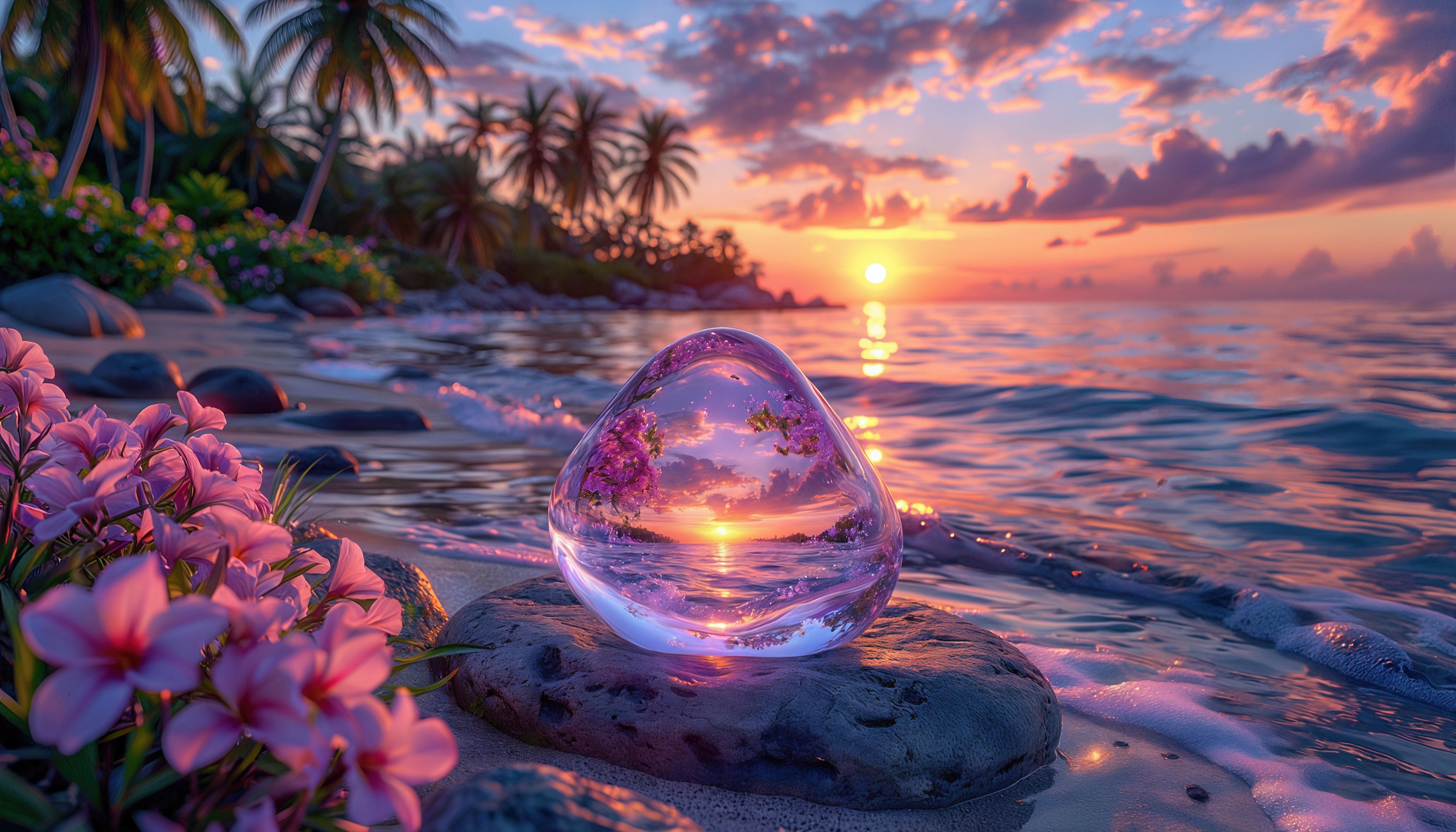 Бесплатное фото Закат, пальмы и магический хрустальный шар на морском берегу.