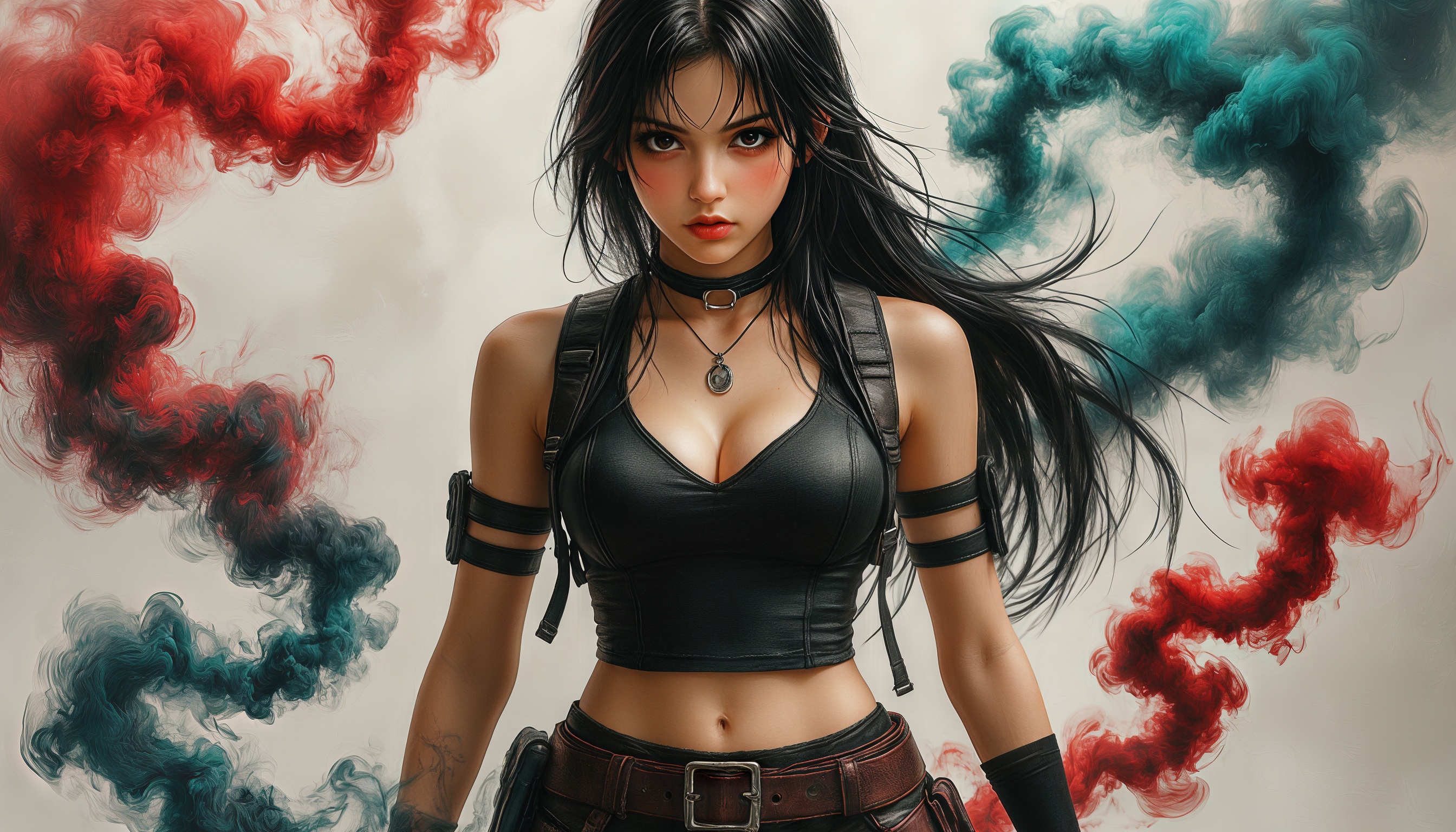 Бесплатное фото Тифа Локхарт из Final Fantasy VII в кожаном топе на фоне дымчатых облаков красного и синего цветов.