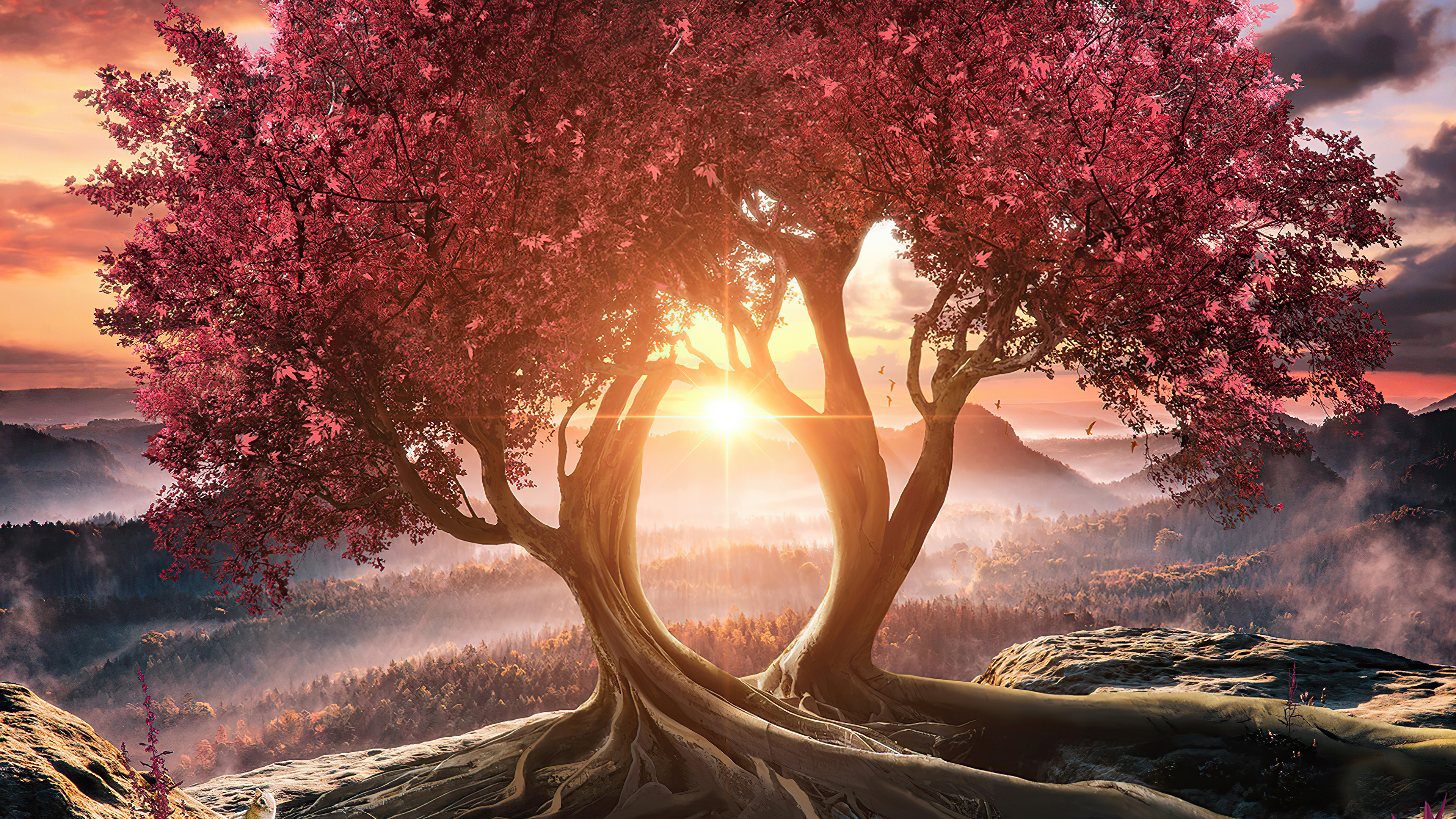 Wallpapers sunset rendering tree on the desktop
